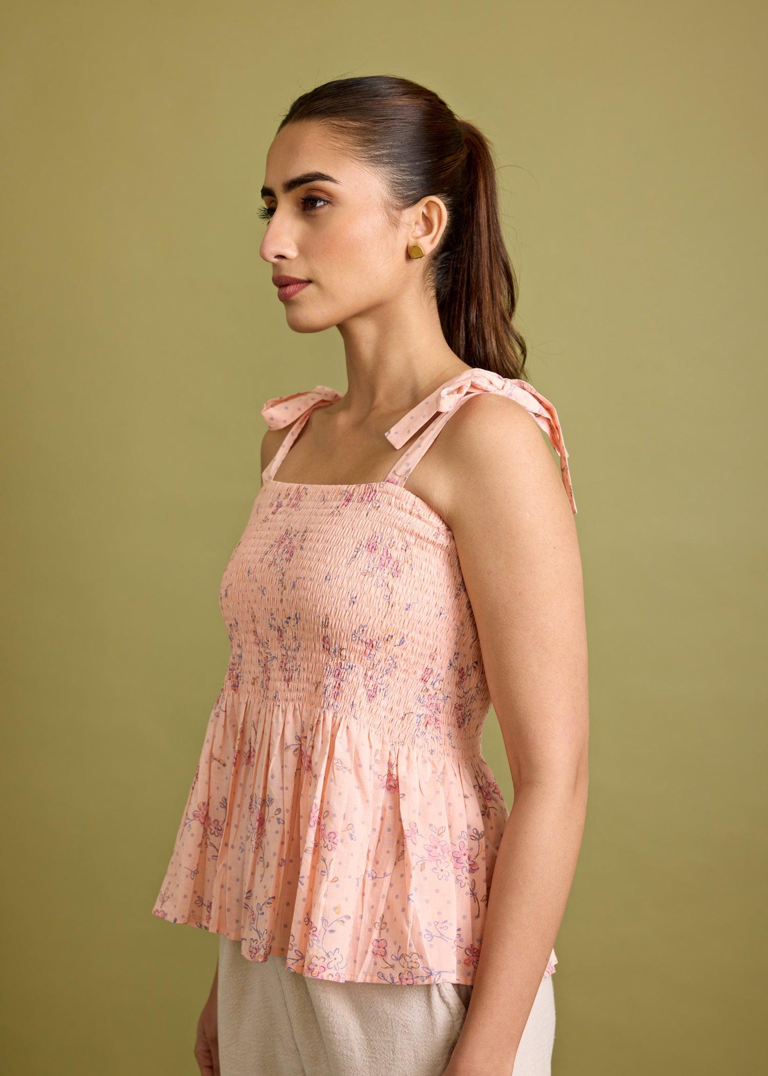 Tropical Peach Voile Ruched Top Ratan Texprocess Pvt. Ltd