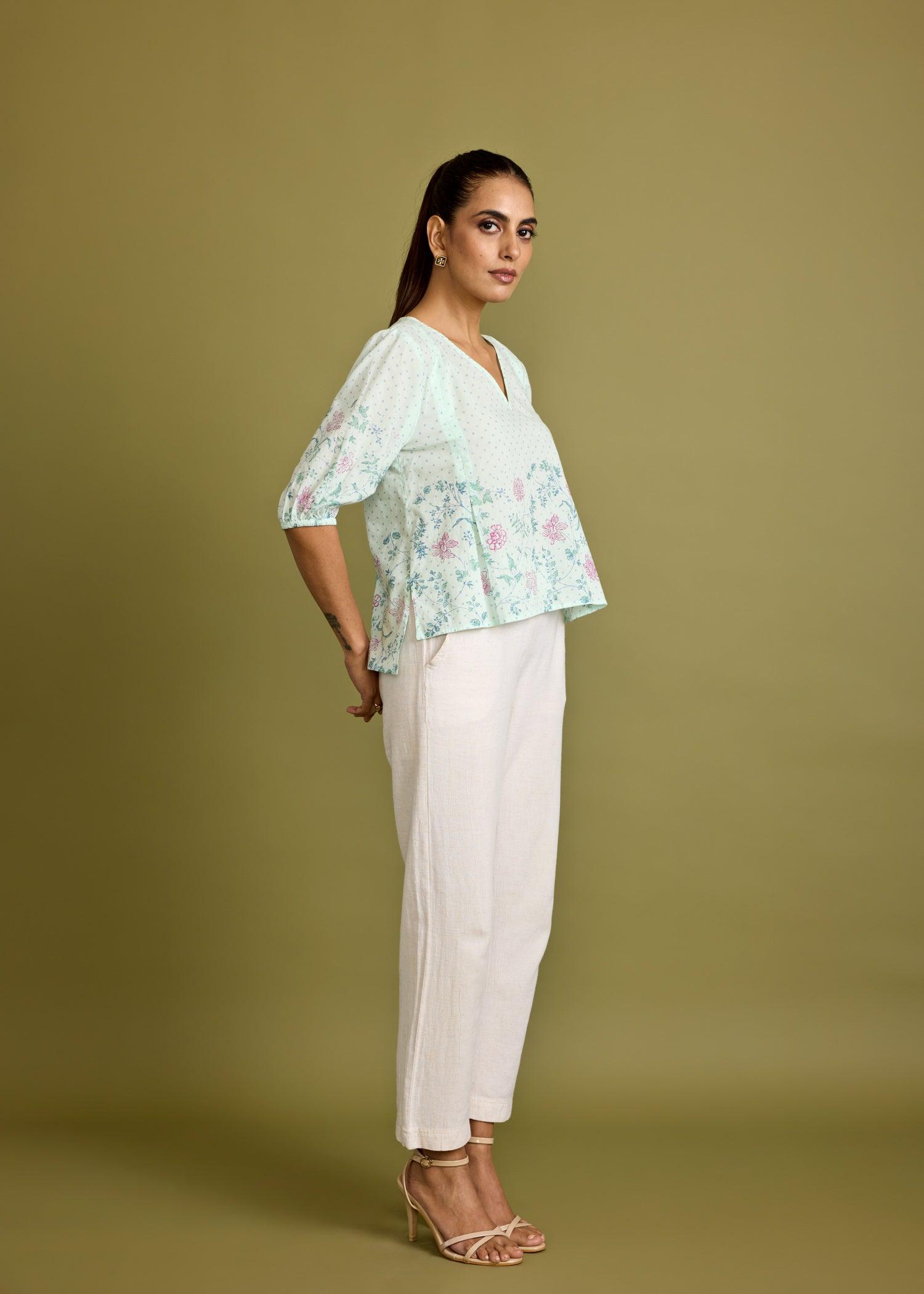 Moonlight Jade Cotton V Neck Box Pleat Top Ratan Texprocess Pvt. Ltd