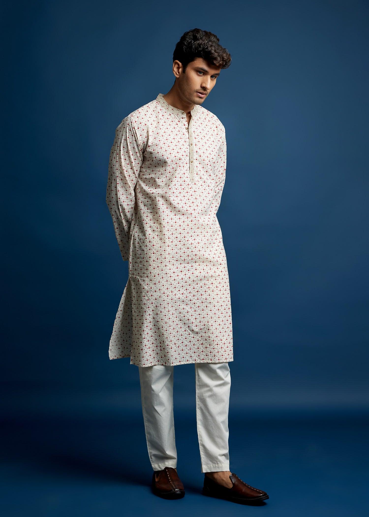 Men's Cotton Kurta Creme-Red Ratan Texprocess Pvt. Ltd