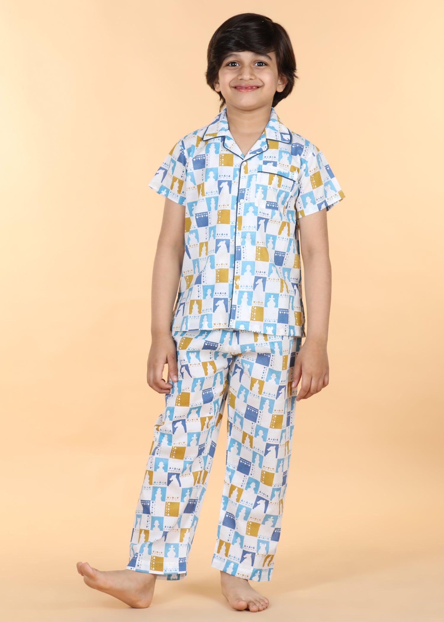 Chessboard Blue Green Half Sleeves Cotton Unisex Nightsuit (1-12 Yrs) Ratan Texprocess Pvt. Ltd