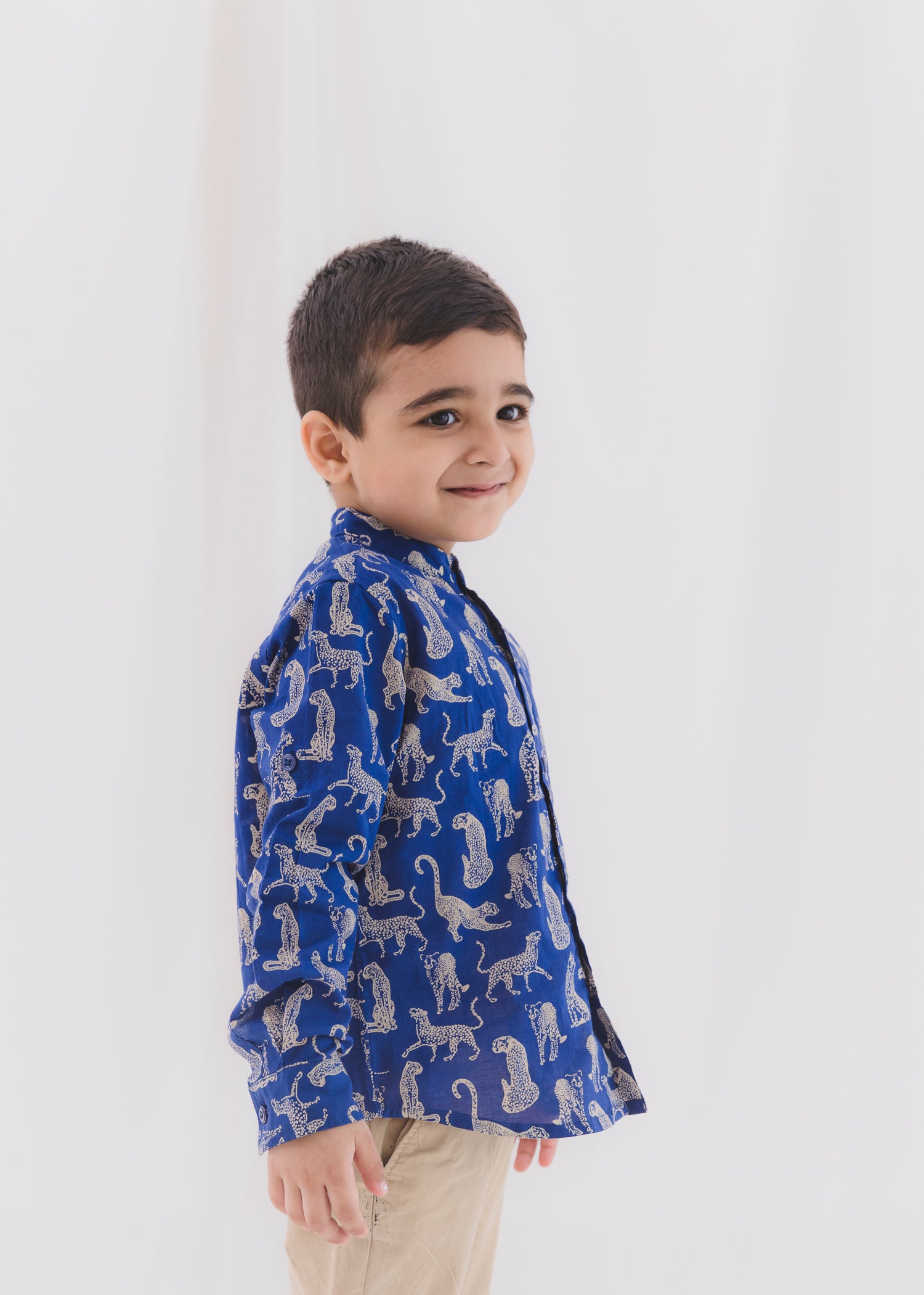 Leopard Blue Cotton Full Shirt Boys (6 Months-12 Years)