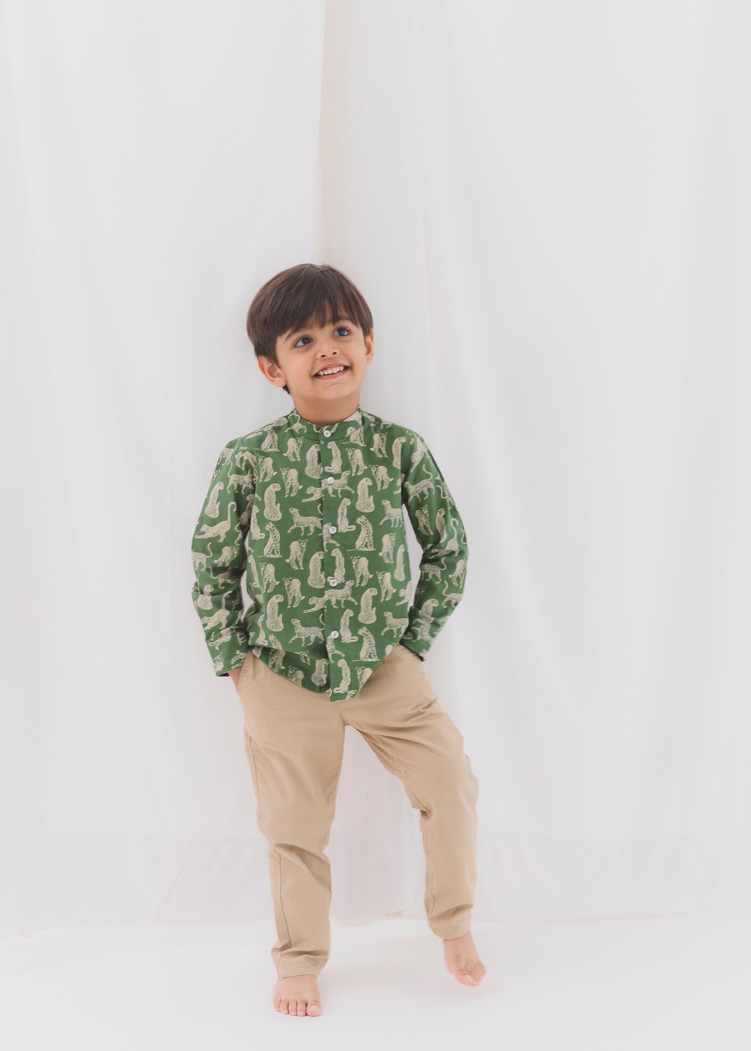 Leopard Green Cotton Full Shirt Boys (6 Months-12 Years)