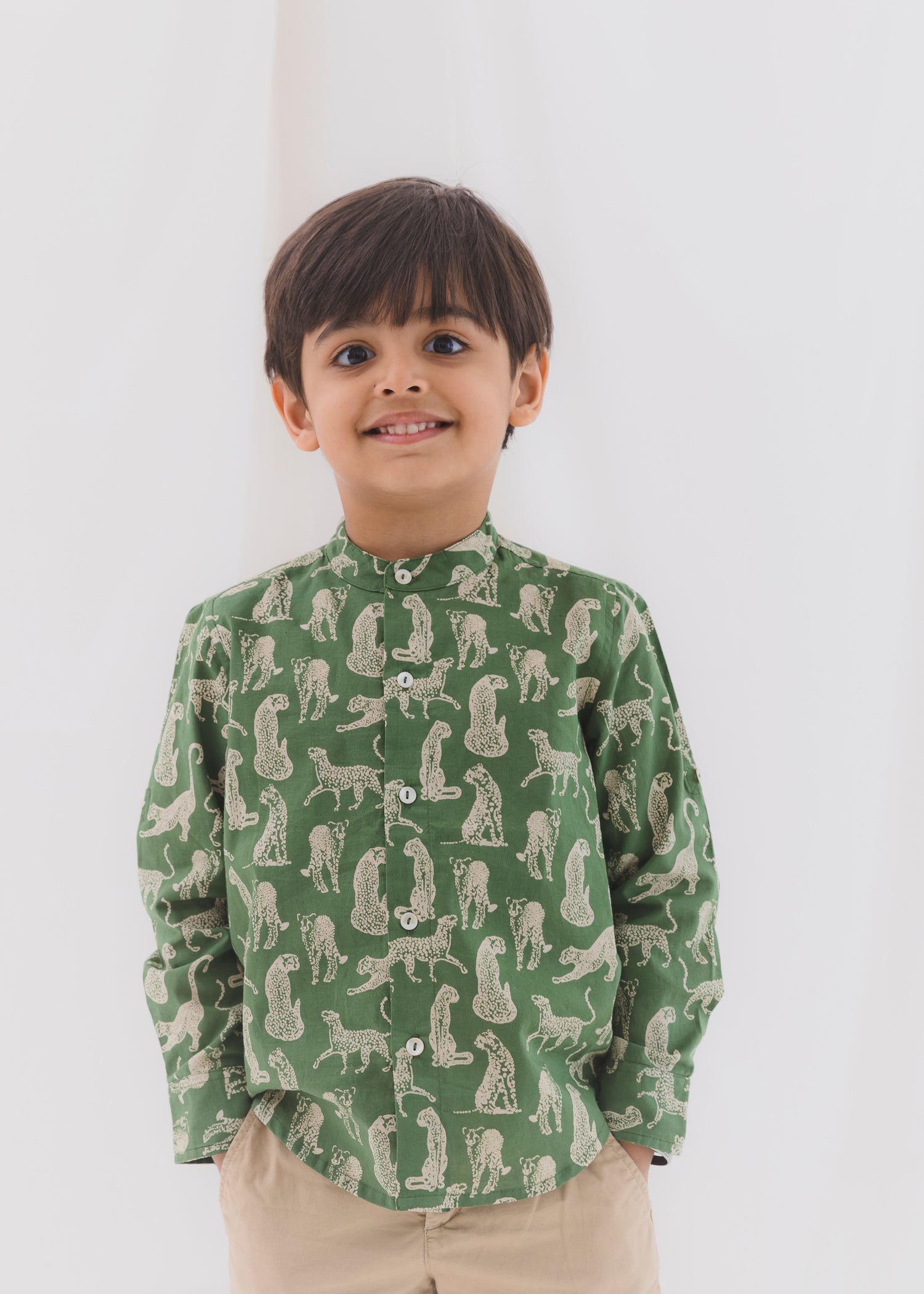 Leopard Green Cotton Full Shirt Boys (6 Months-12 Years)