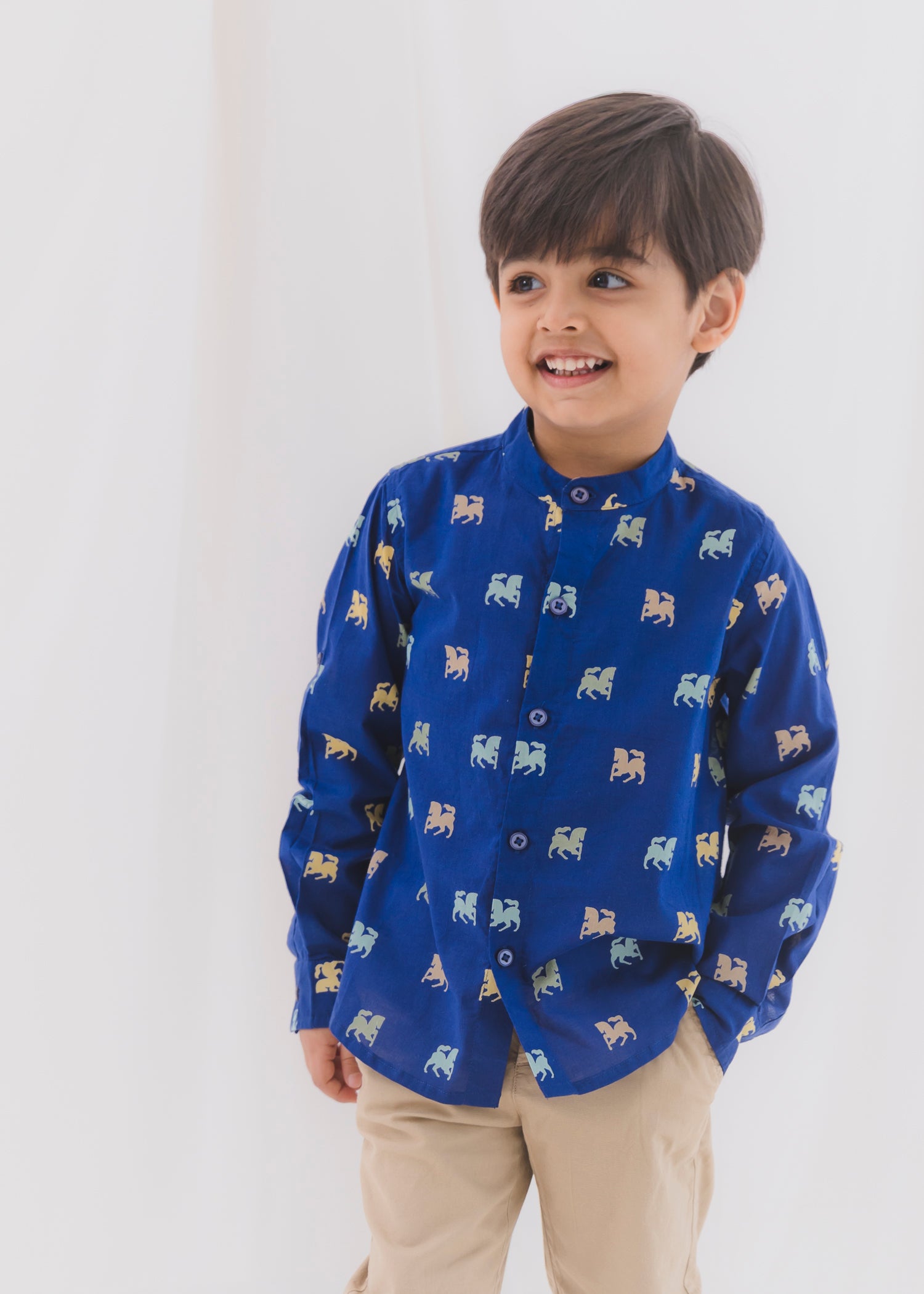 Horse Blue Cotton Full Shirt Boys (6 Months-12 Years)