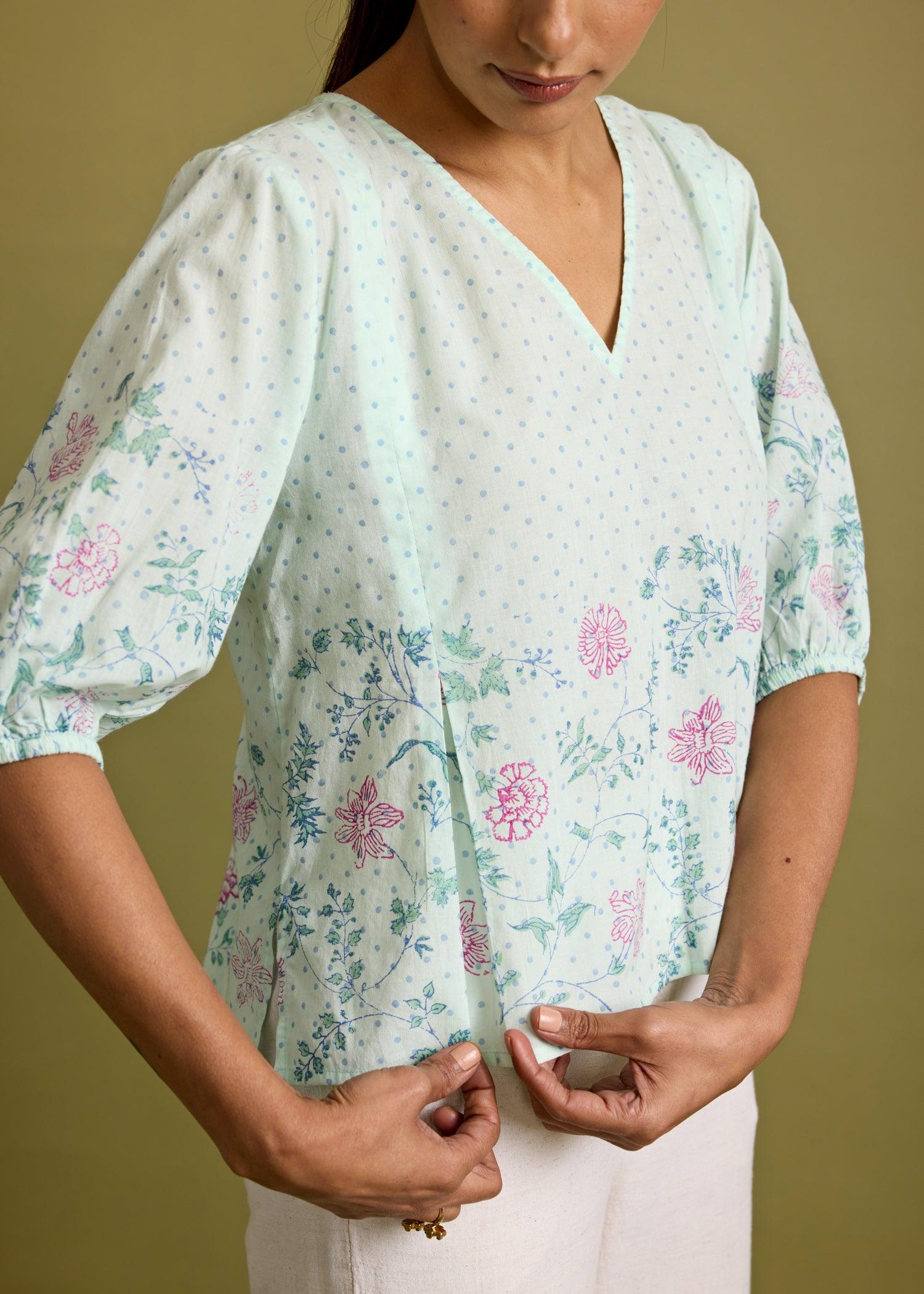 Moonlight Jade Cotton V Neck Box Pleat Top Ratan Texprocess Pvt. Ltd