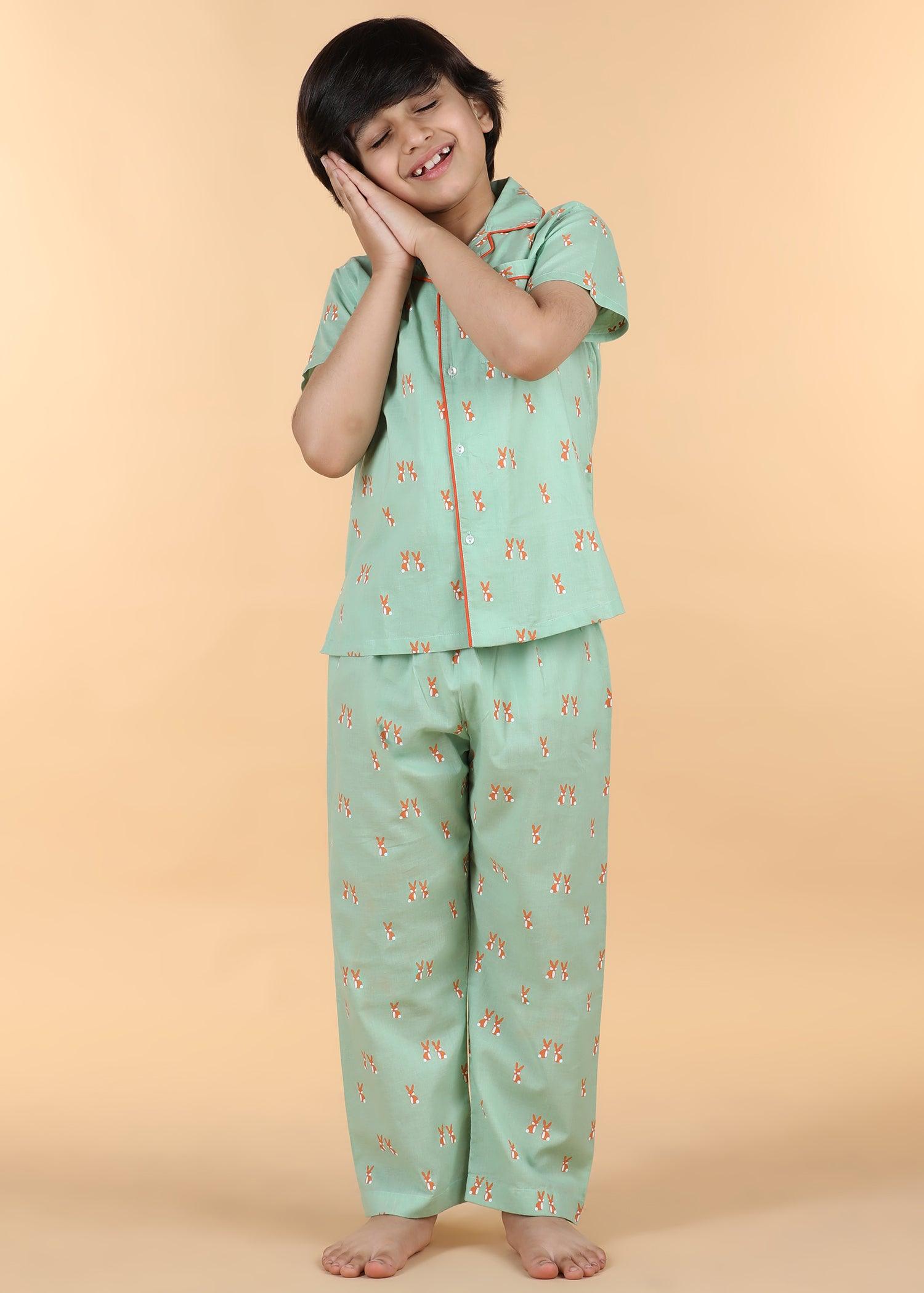 Rabbie Green Half Sleeves Cotton Unisex Nightsuit (1-12 Yrs) Ratan Texprocess Pvt. Ltd