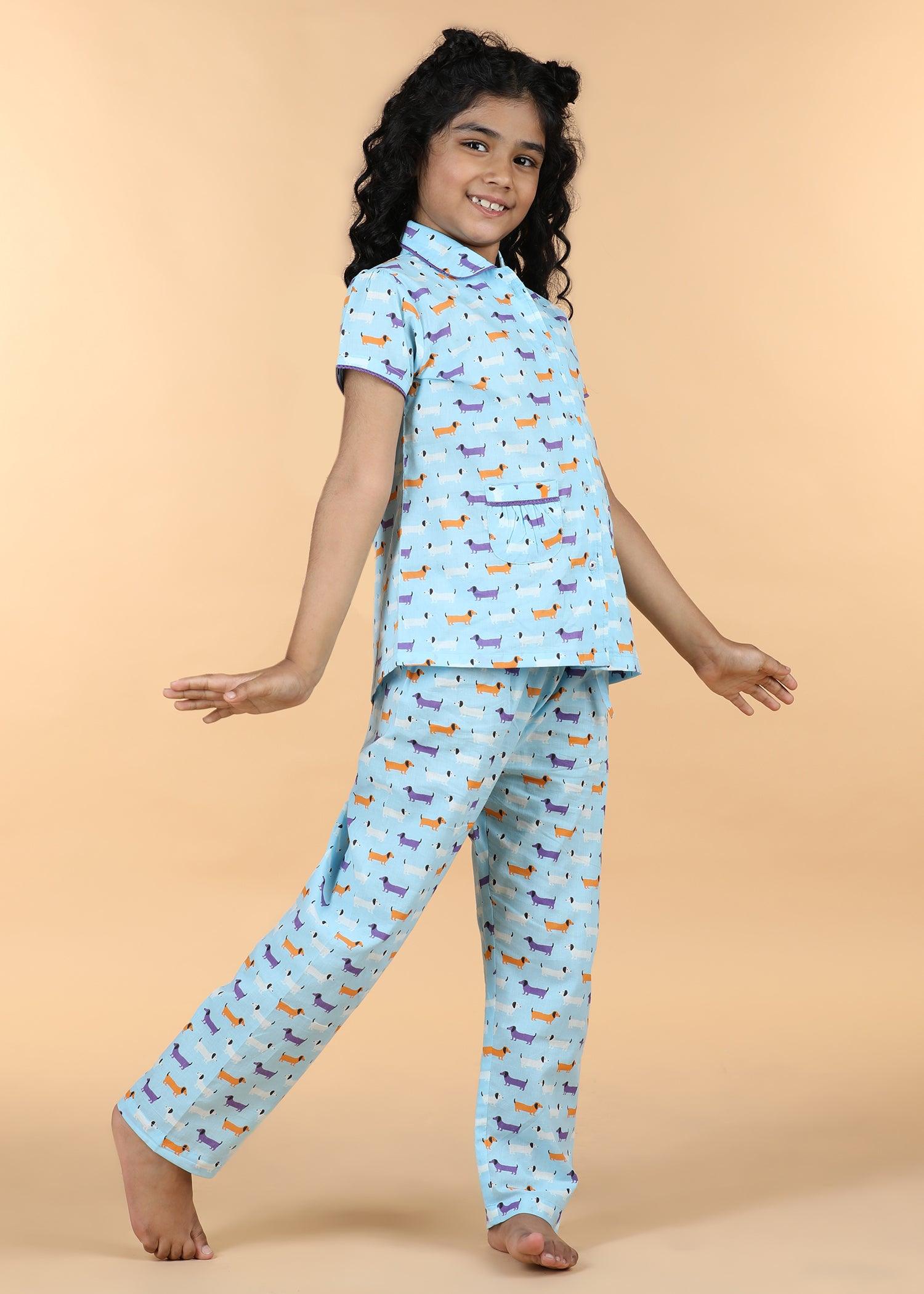 Dachshund Blue Half Sleeves Cotton Girl's Nightsuit (1-12 Yrs) Ratan Texprocess Pvt. Ltd