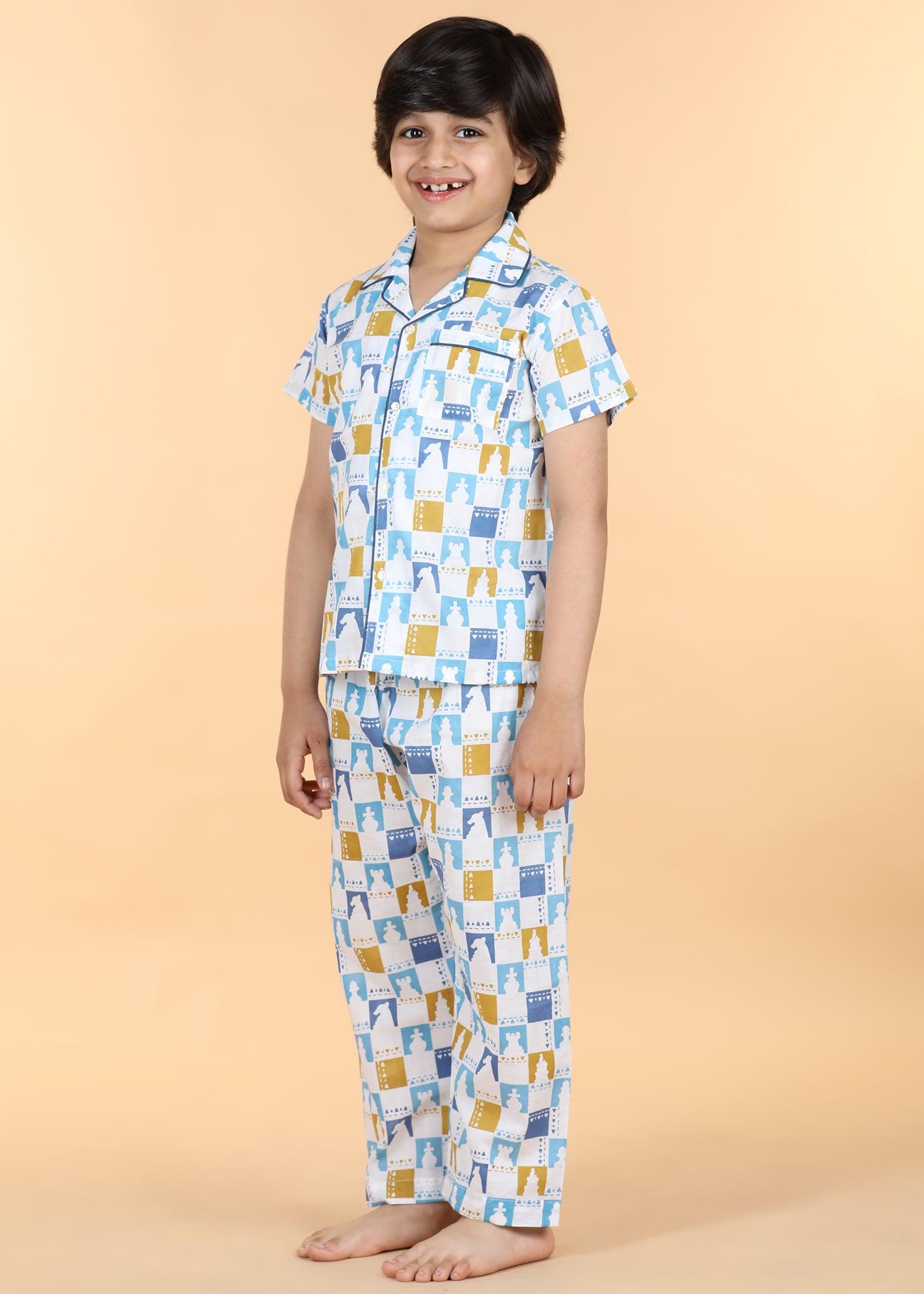 Chessboard Blue Green Half Sleeves Cotton Unisex Nightsuit (1-12 Yrs) Ratan Texprocess Pvt. Ltd