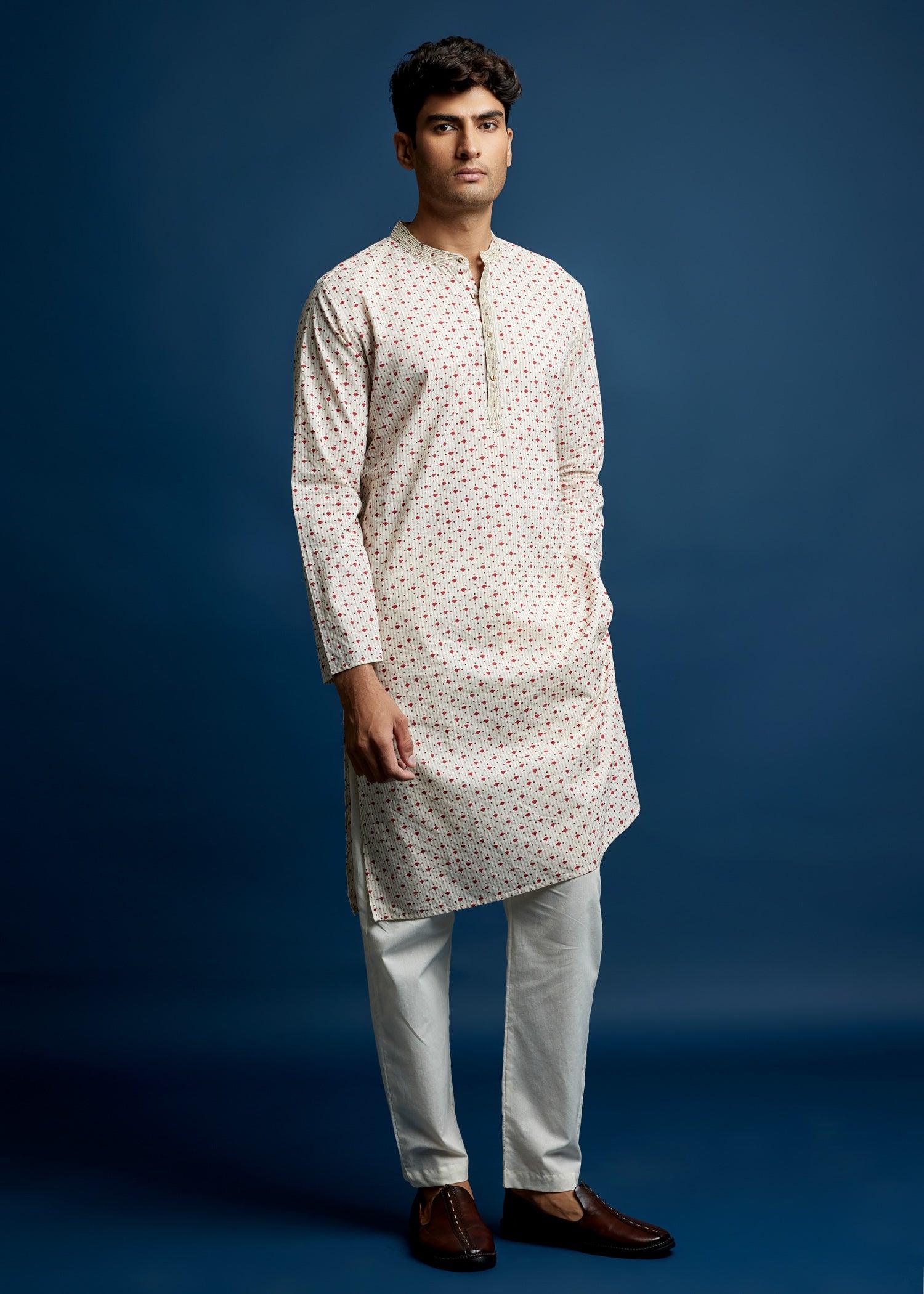 Men's Cotton Kurta Creme-Red Ratan Texprocess Pvt. Ltd