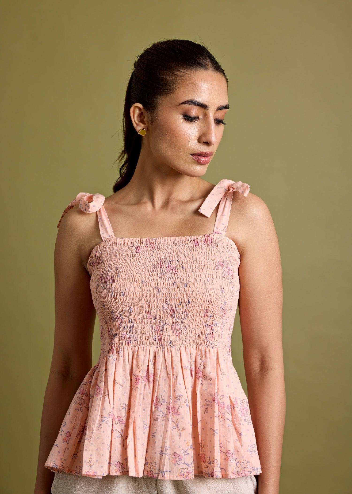 Tropical Peach Voile Ruched Top Ratan Texprocess Pvt. Ltd