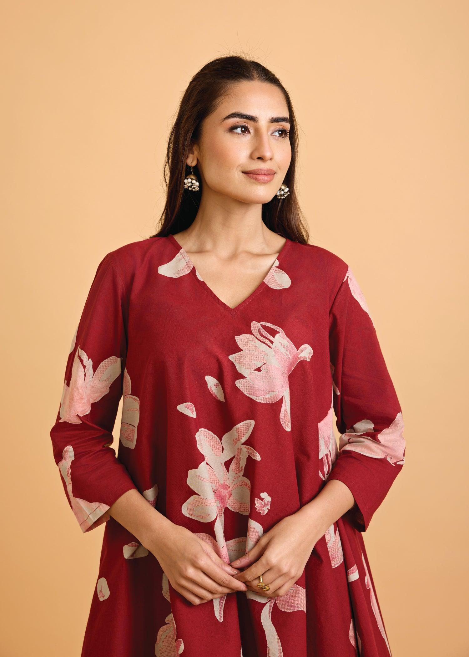 Maroon Flared Cotton Zubeida Tunic Set Ratan Texprocess Pvt. Ltd