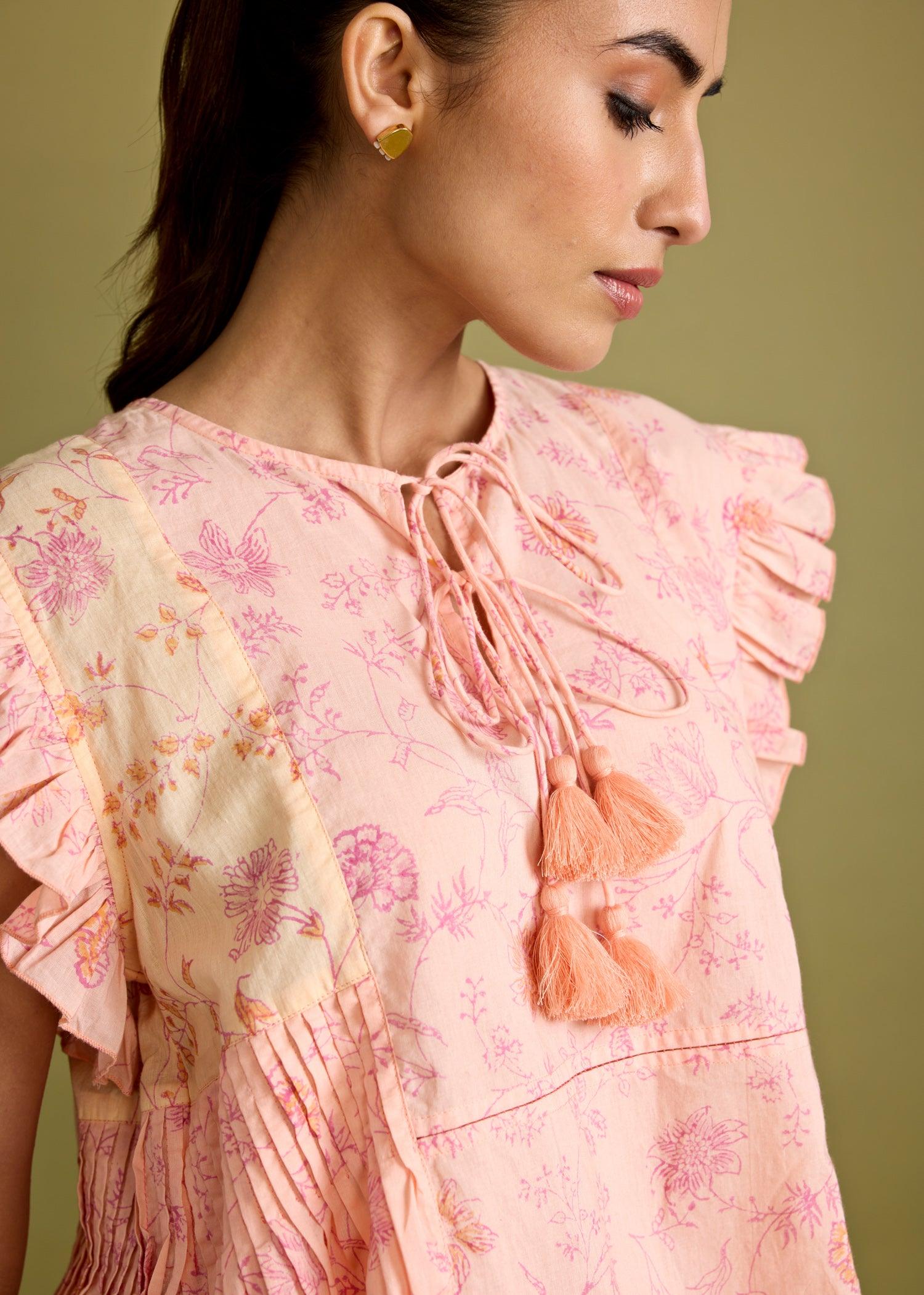 Tropical Peach Voile Pleated Frill Top Ratan Texprocess Pvt. Ltd