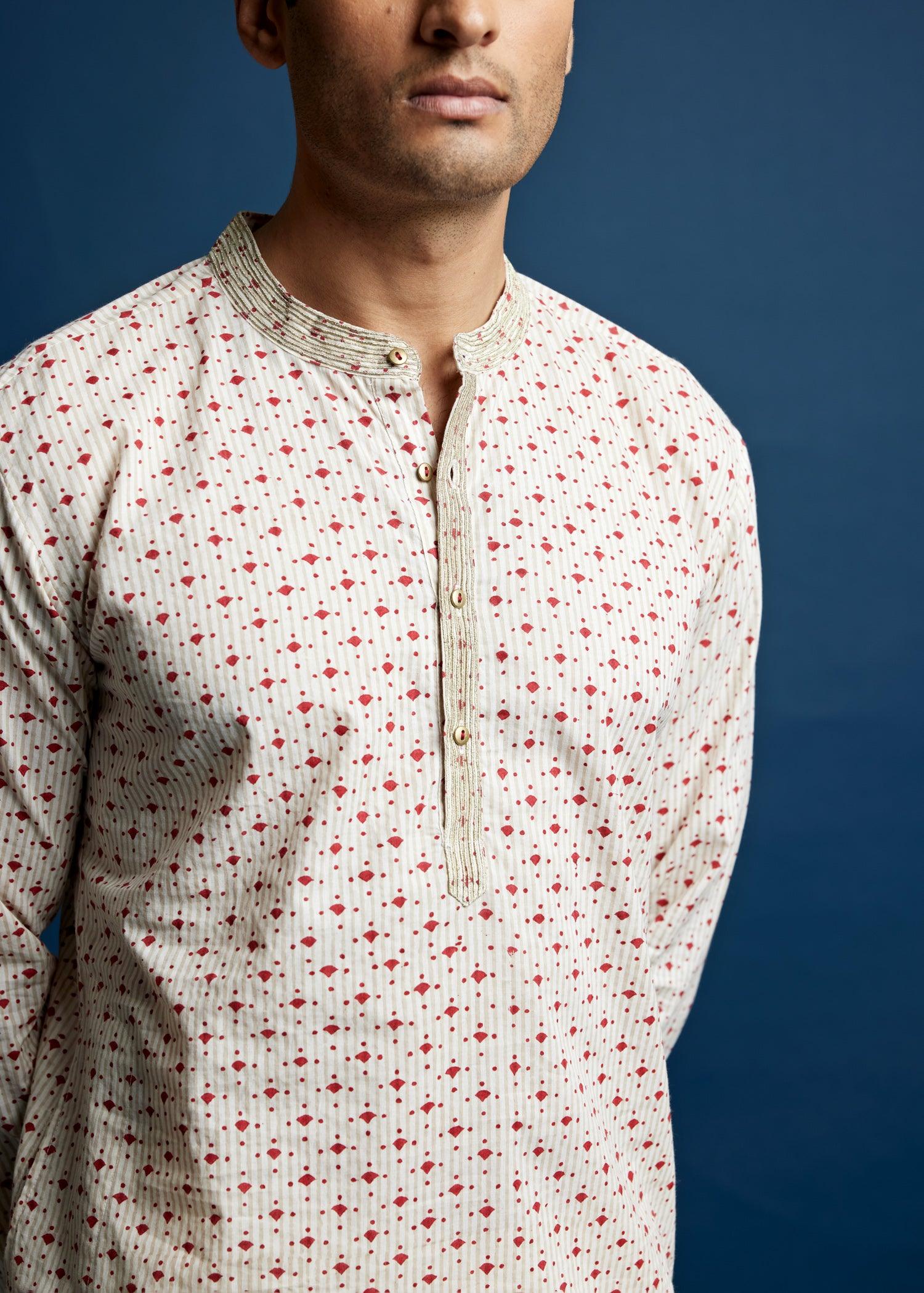 Men's Cotton Kurta Creme-Red Ratan Texprocess Pvt. Ltd