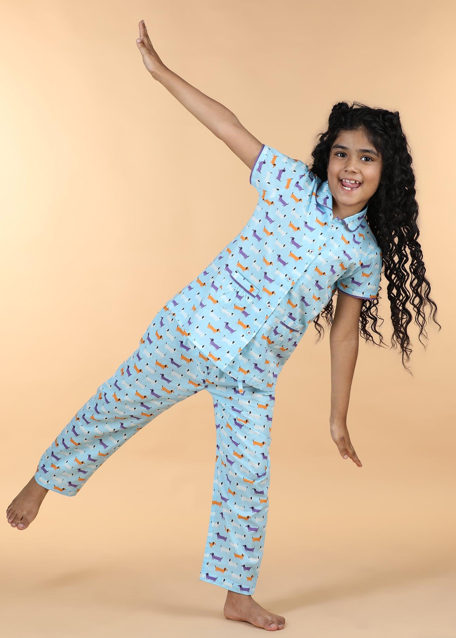 Dachshund Blue Half Sleeves Cotton Girl's Nightsuit (1-12 Yrs) Ratan Texprocess Pvt. Ltd