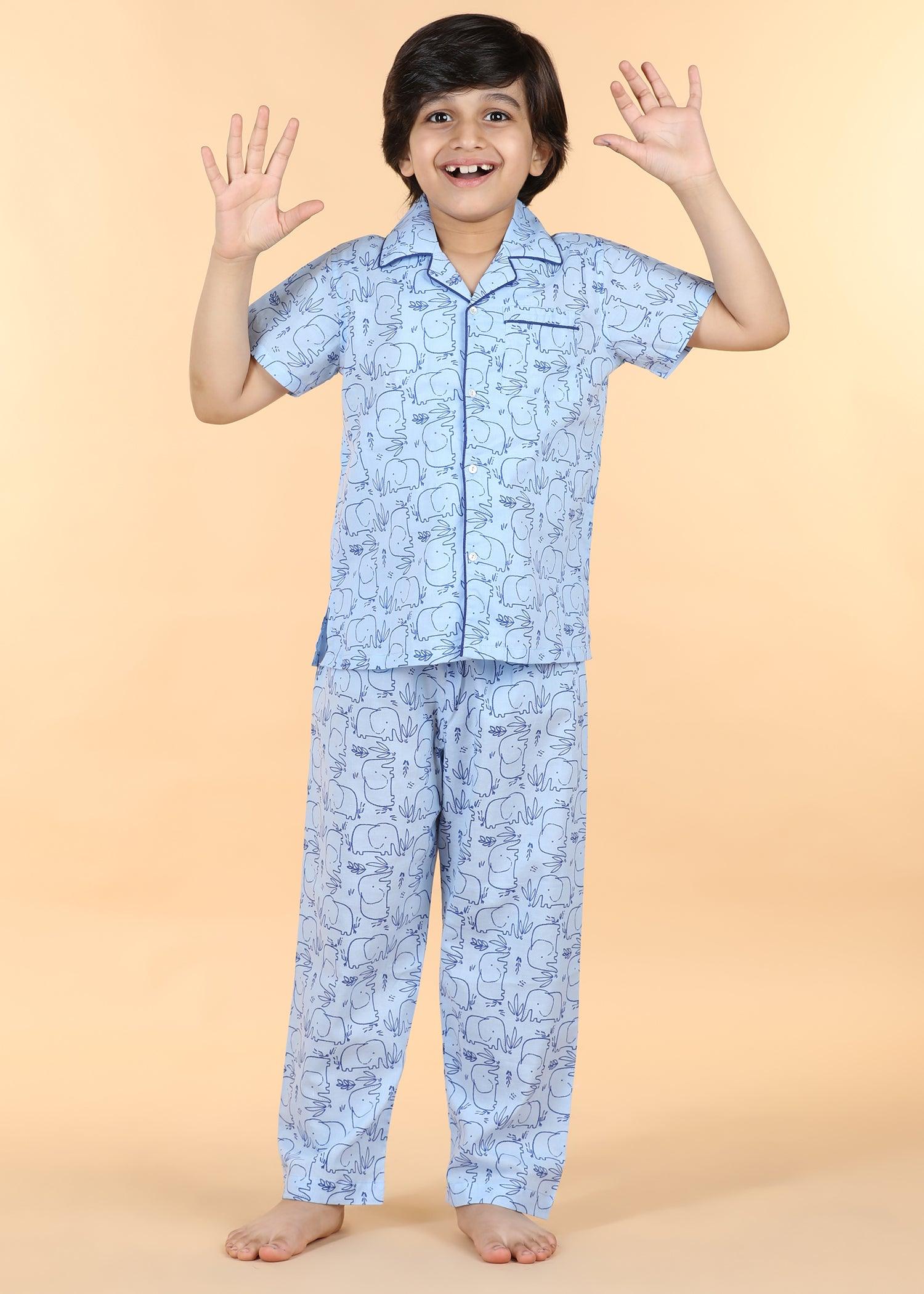 Hasti Blue Half Sleeves Cotton Unisex Nightsuit (1-12 Yrs) Ratan Texprocess Pvt. Ltd