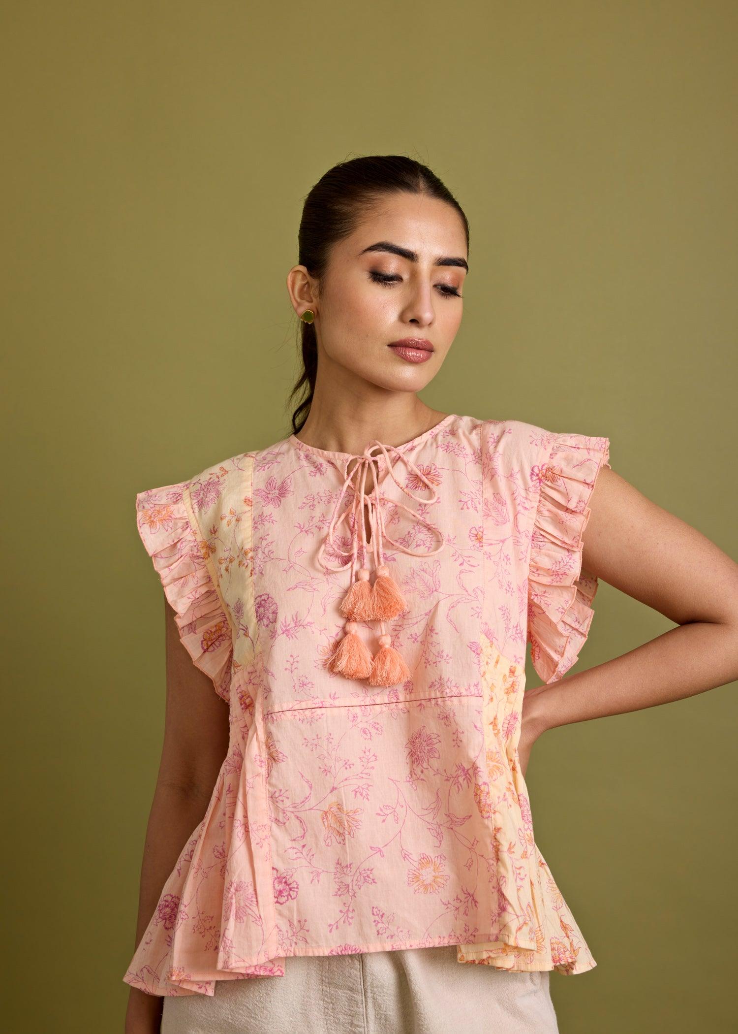 Tropical Peach Voile Pleated Frill Top Ratan Texprocess Pvt. Ltd