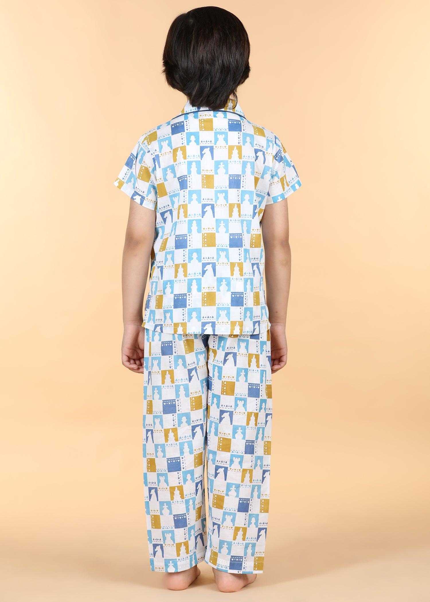 Chessboard Blue Green Half Sleeves Cotton Unisex Nightsuit (1-12 Yrs) Ratan Texprocess Pvt. Ltd