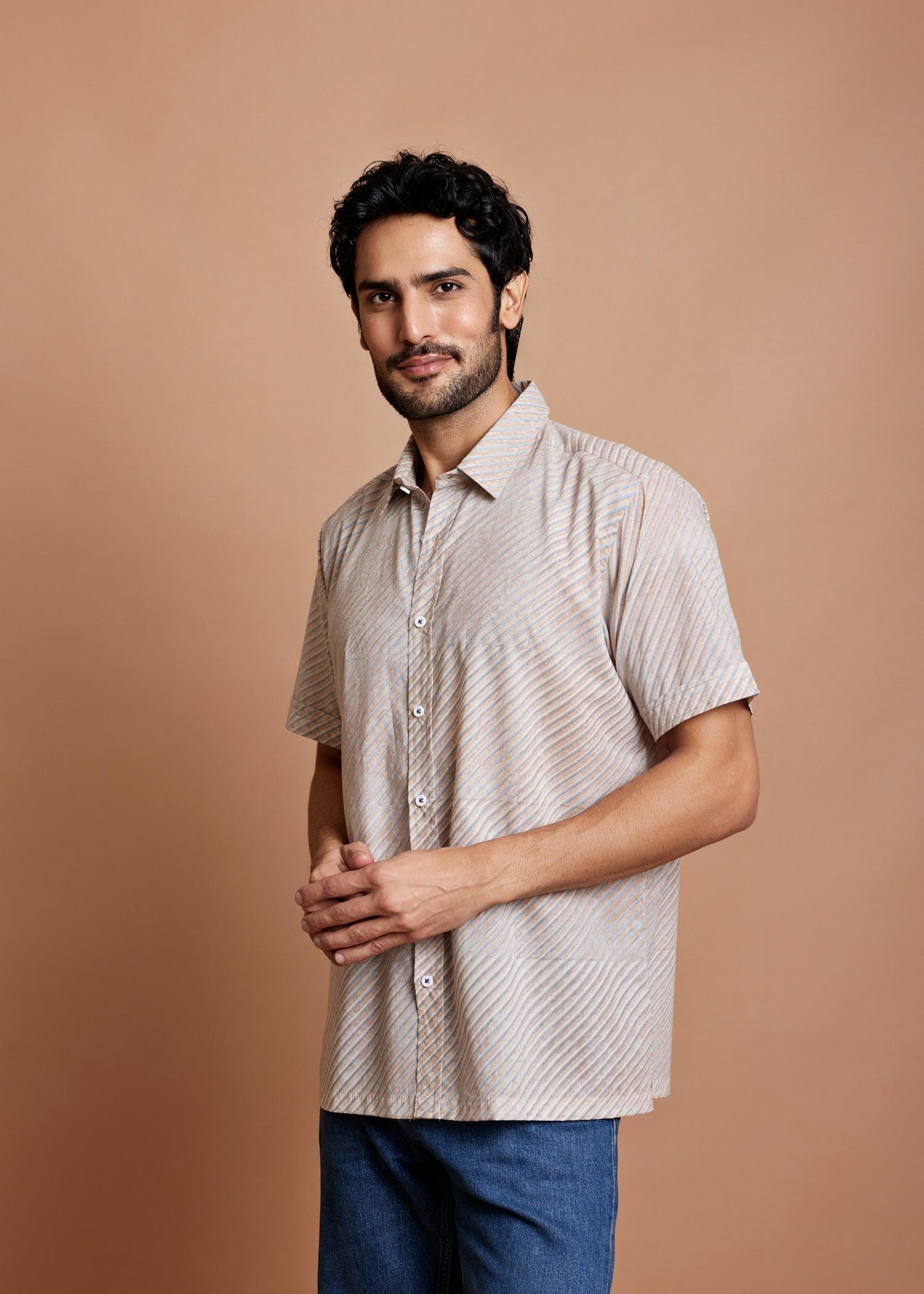 Crème Blue & Brown Regular Cotton Half Sleeve Shirt Ratan Texprocess Pvt. Ltd
