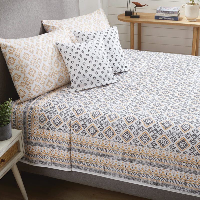 Geometric Dribble Mustard & Charcoal Hand Block Printed Cotton Bedcover