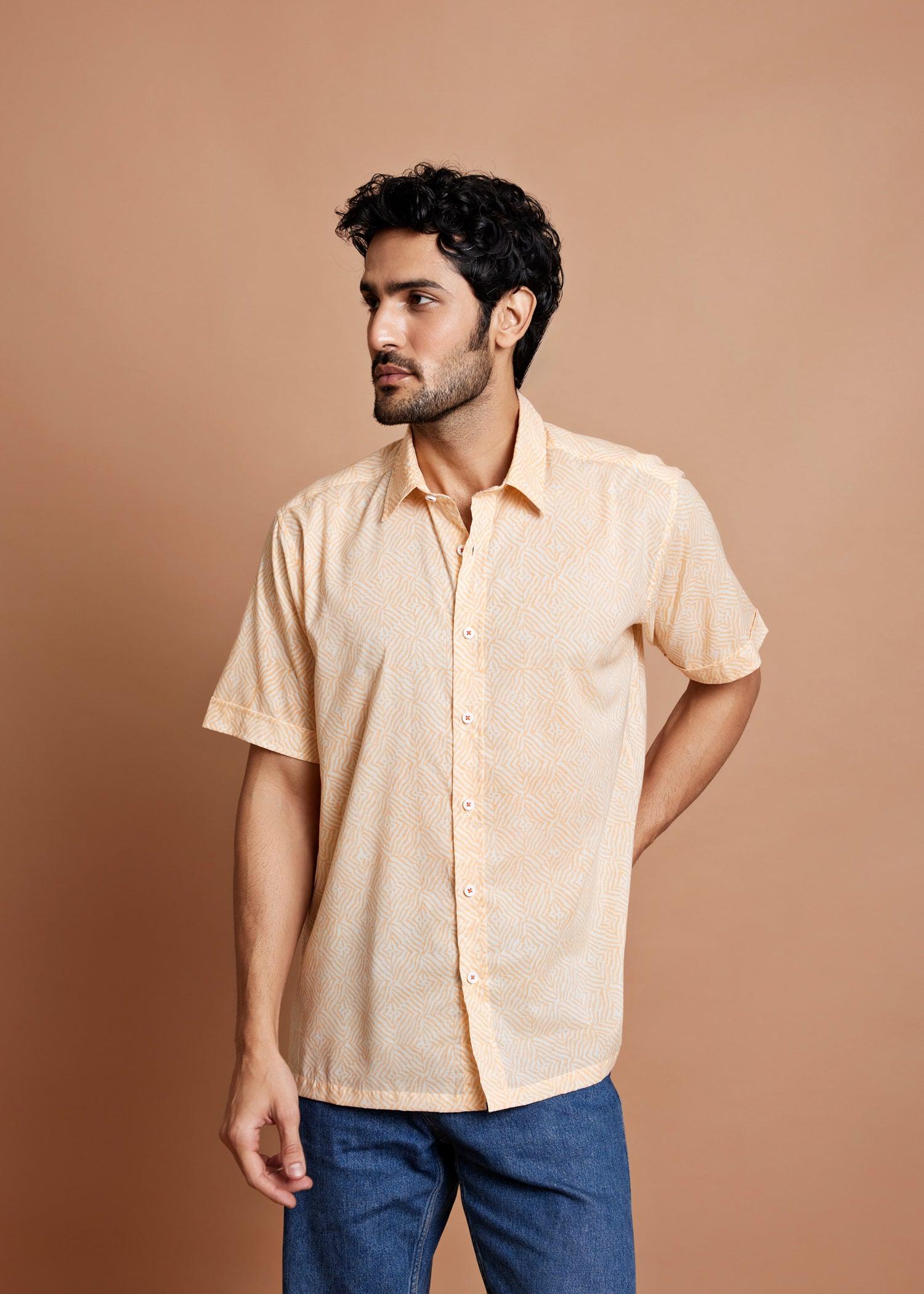 Crème & Orange Regular Cotton Half Sleeve Shirt Ratan Texprocess Pvt. Ltd