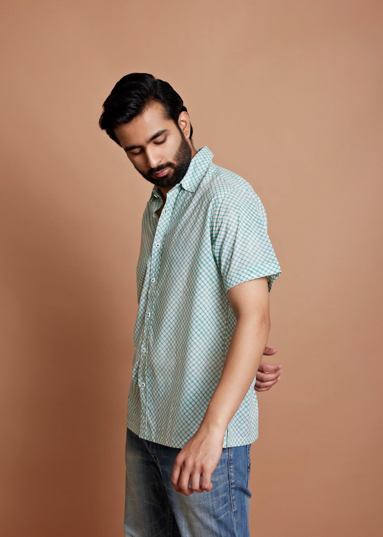 Crème Blue & Green Regular Cotton Half Sleeve Shirt Ratan Texprocess Pvt. Ltd