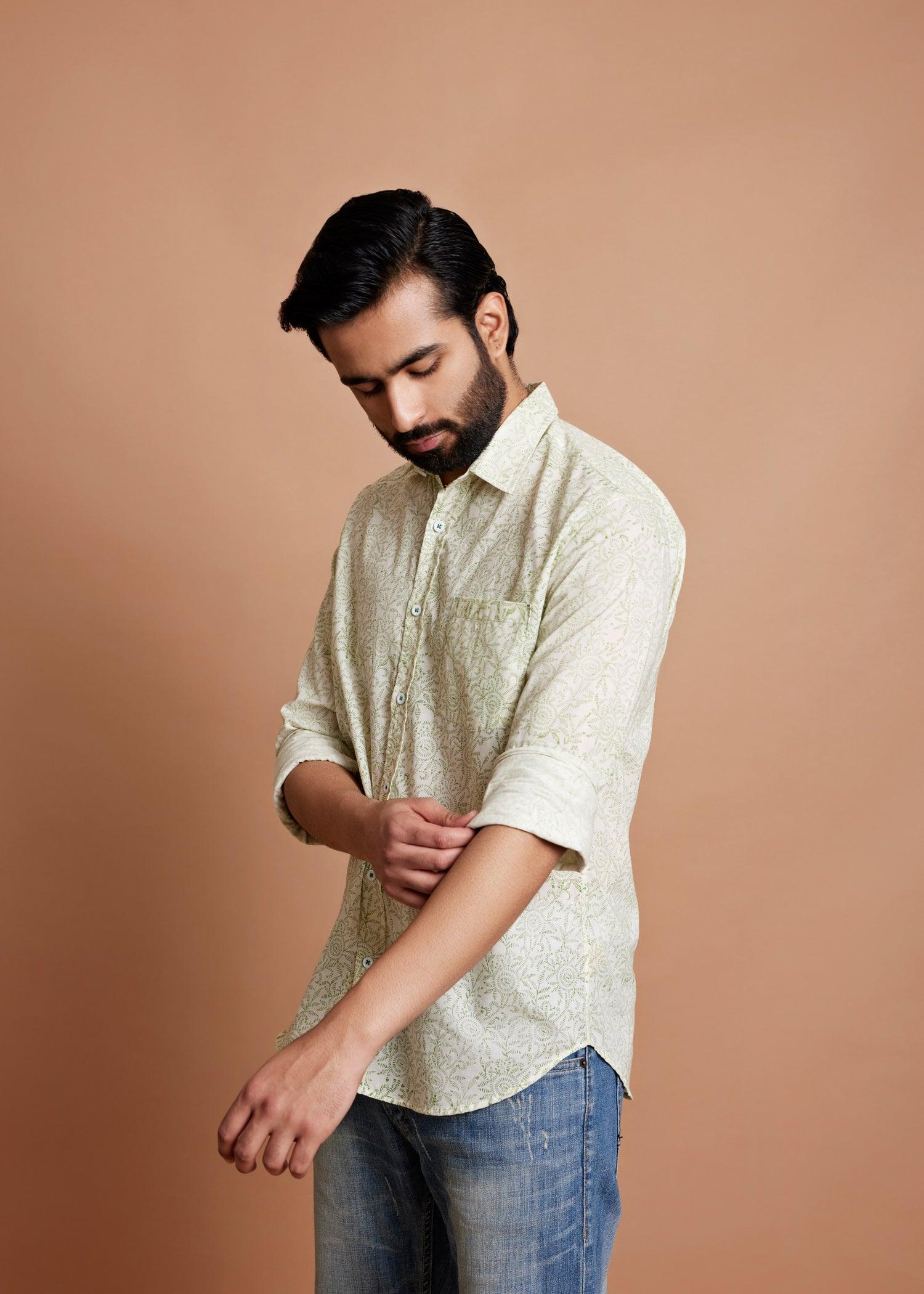 Crème Green Regular Cotton Full Sleeve Shirt Ratan Texprocess Pvt. Ltd