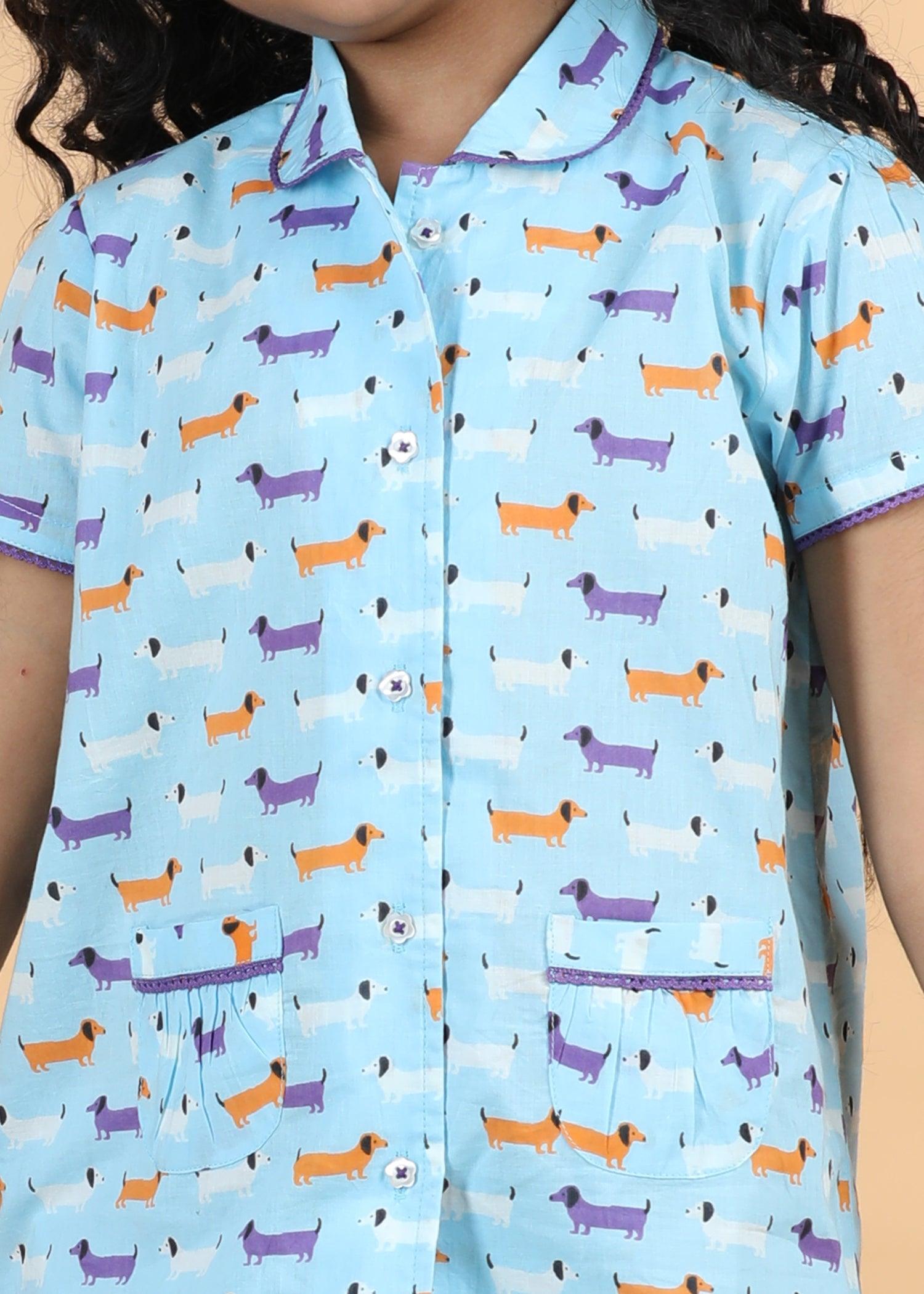 Dachshund Blue Half Sleeves Cotton Girl's Nightsuit (1-12 Yrs) Ratan Texprocess Pvt. Ltd