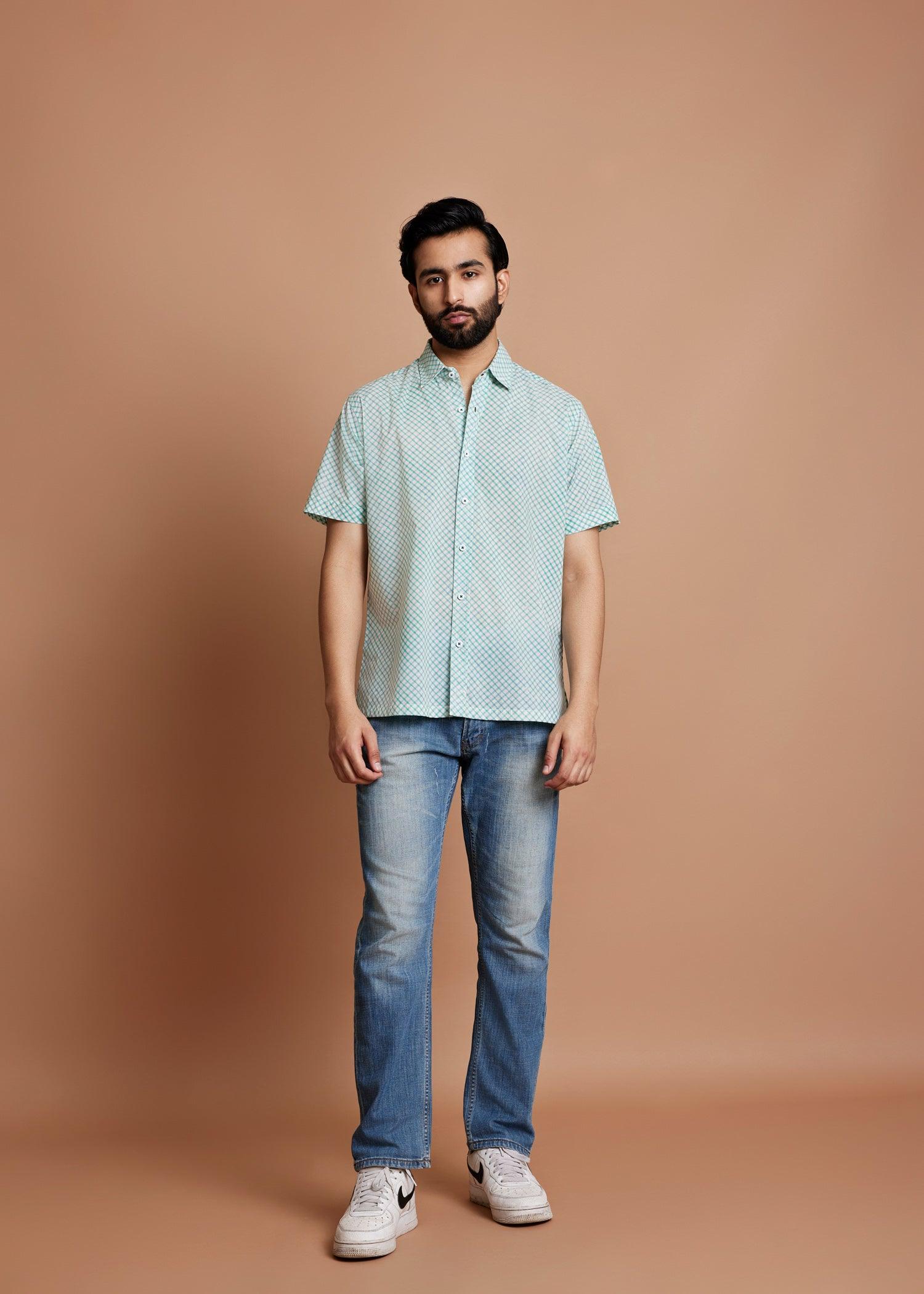 Crème Blue & Green Regular Cotton Half Sleeve Shirt Ratan Texprocess Pvt. Ltd
