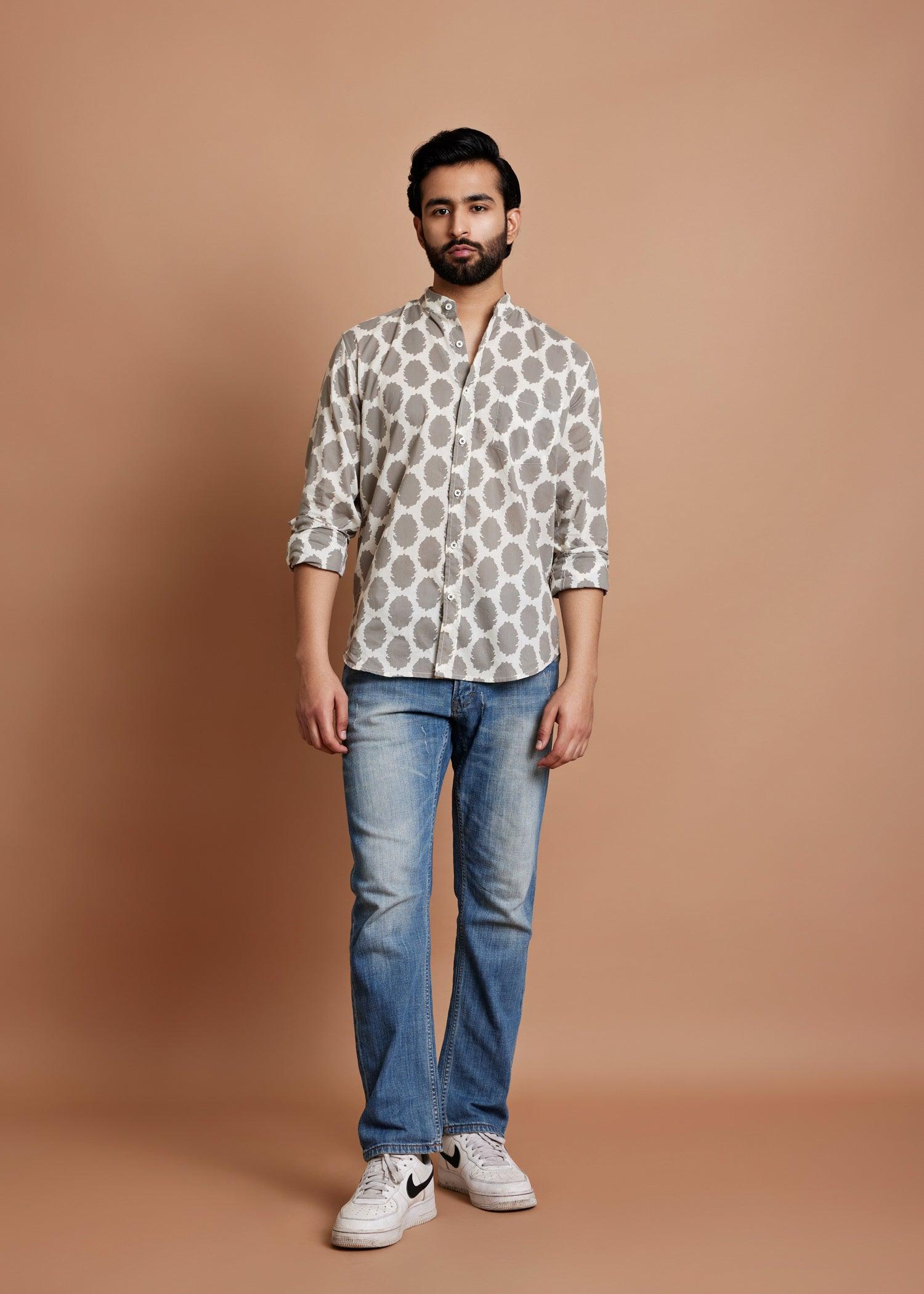 Cream & Grey Regular Cotton Full Sleeve Shirt Ratan Texprocess Pvt. Ltd