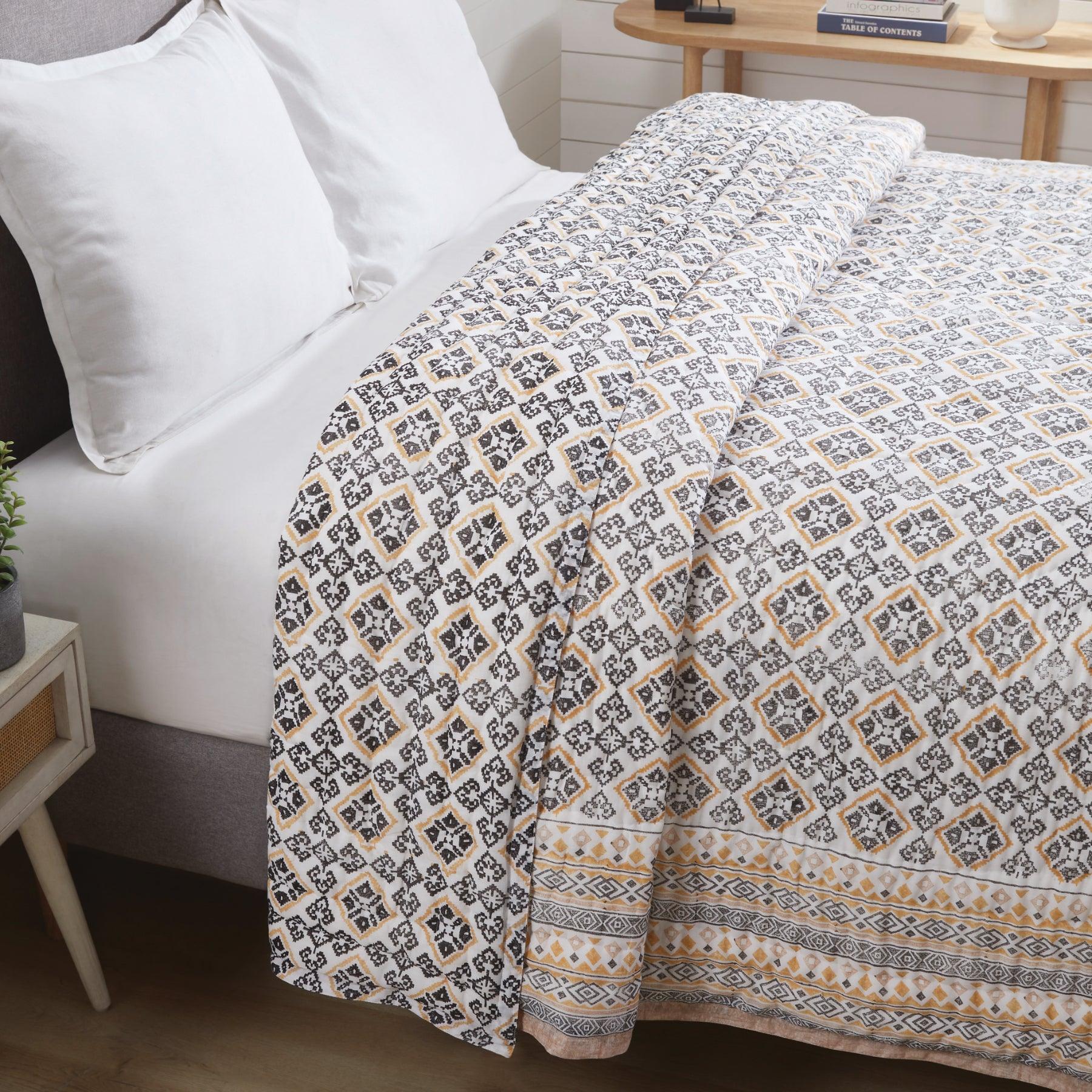 Geometric Dribble Mustard & Charcoal Hand Block Print Extra Cotton Filling Quilt Ratan Texprocess Pvt. Ltd