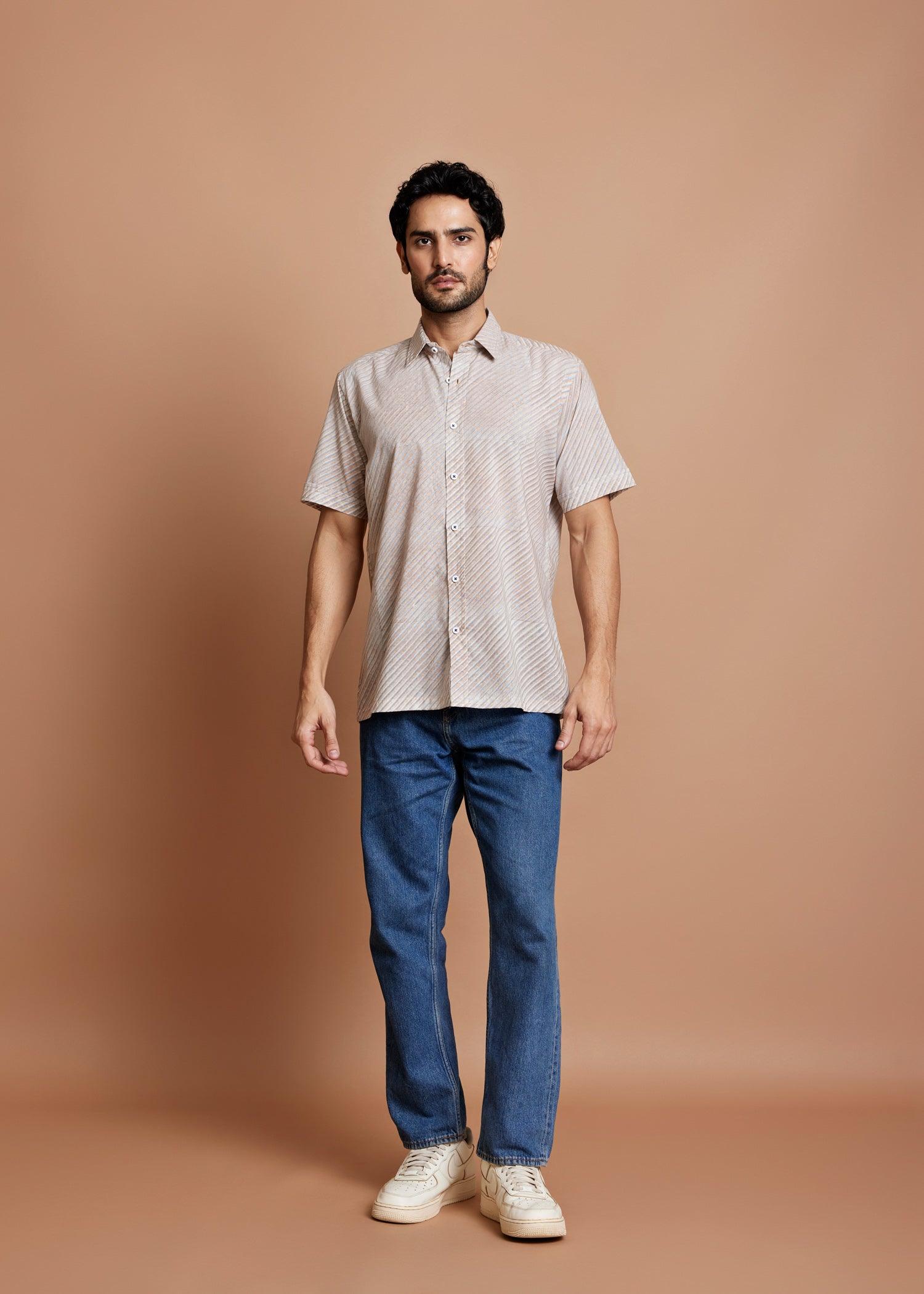 Crème Blue & Brown Regular Cotton Half Sleeve Shirt Ratan Texprocess Pvt. Ltd