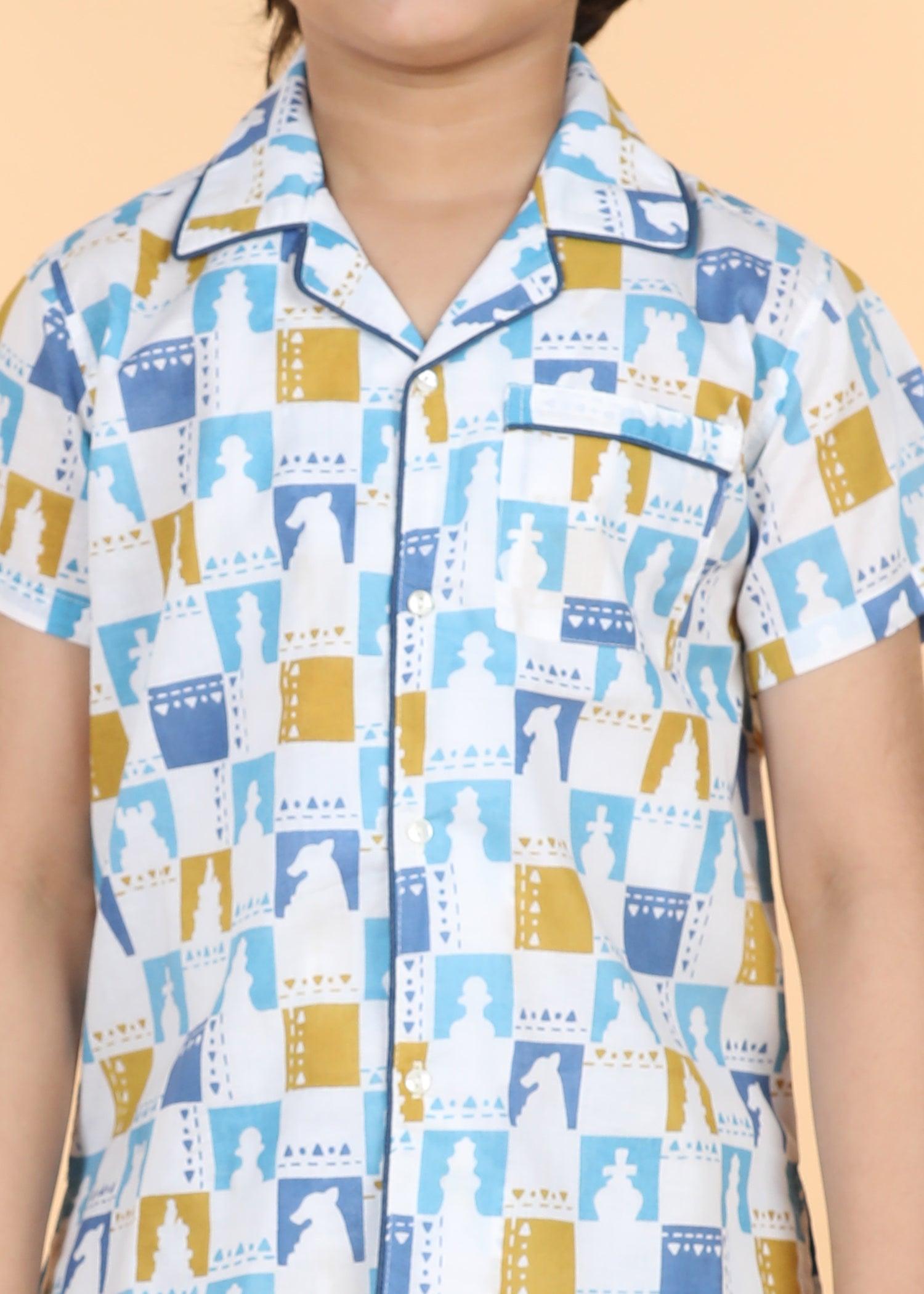 Chessboard Blue Green Half Sleeves Cotton Unisex Nightsuit (1-12 Yrs) Ratan Texprocess Pvt. Ltd