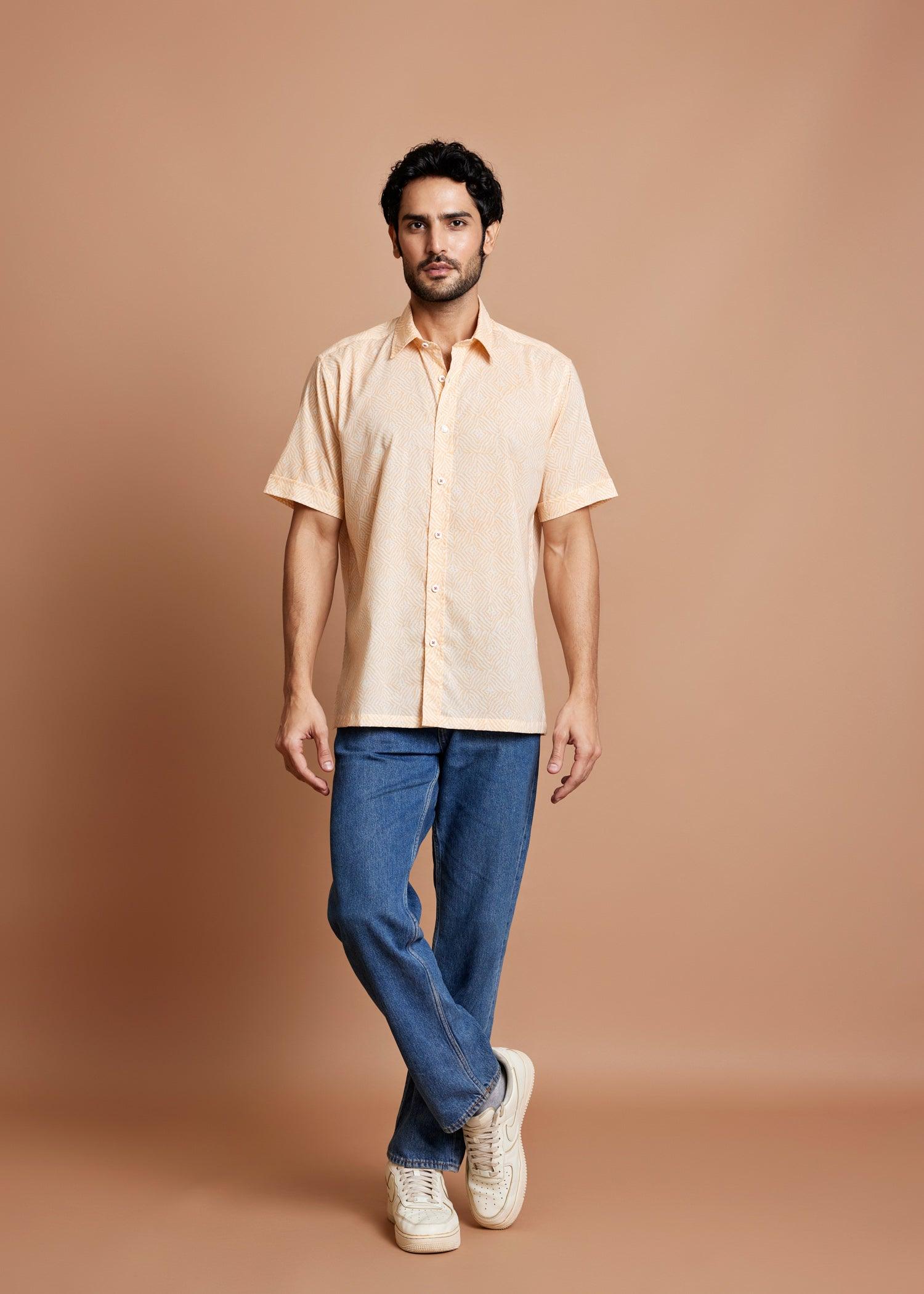 Crème & Orange Regular Cotton Half Sleeve Shirt Ratan Texprocess Pvt. Ltd