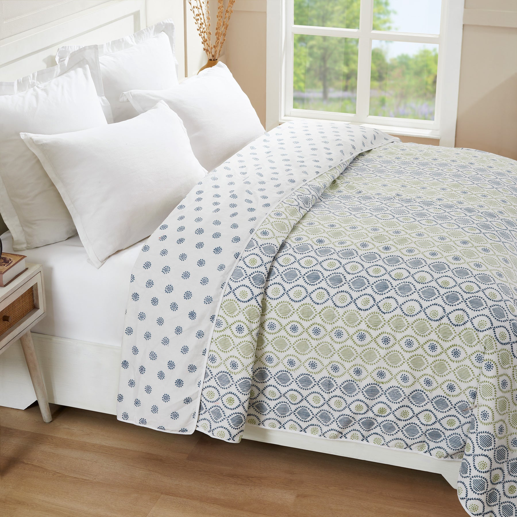 Ogee Blue & Green Hand Block Printed Cotton Dohar