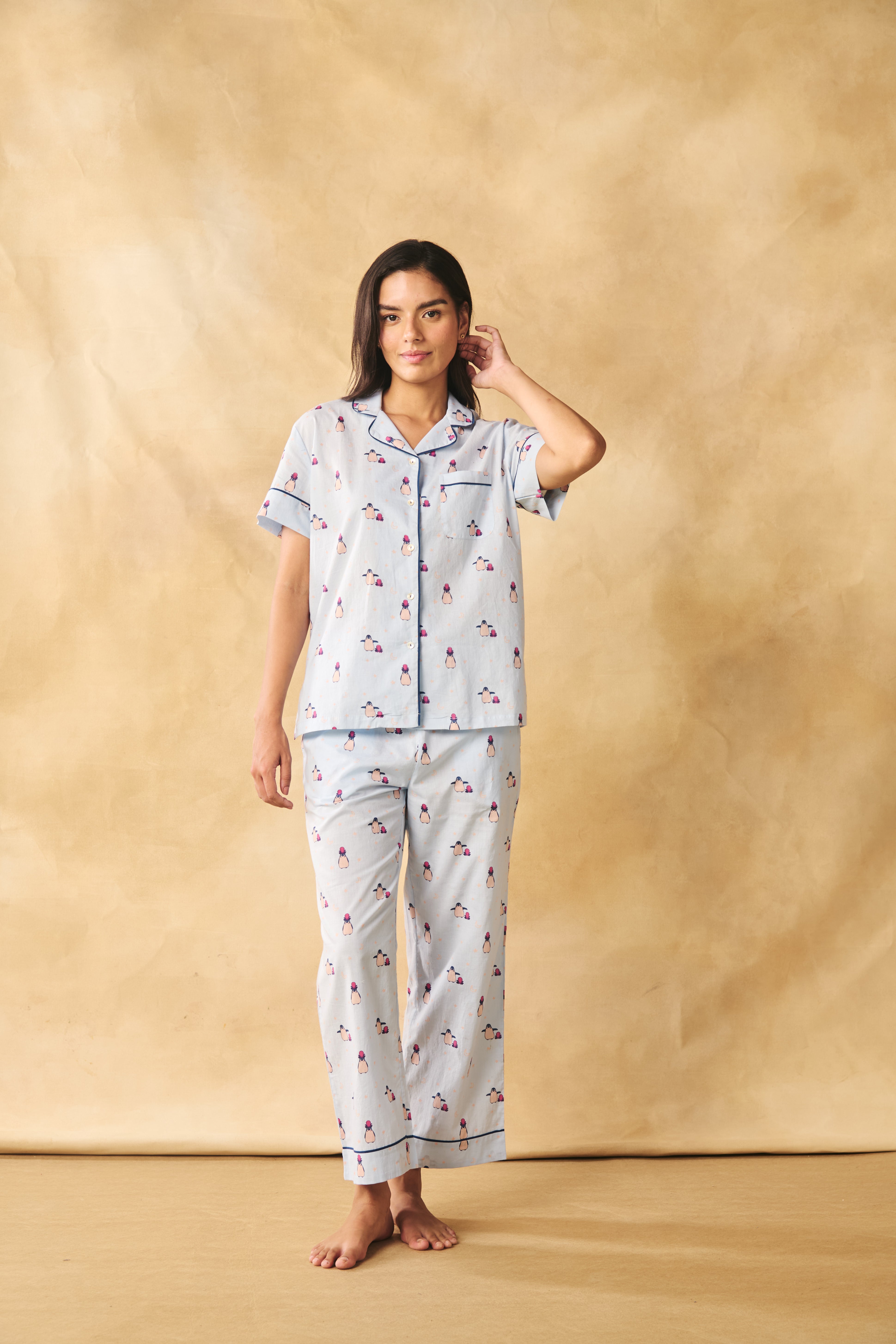 Penguin Print Cotton Night Suit Set-Blue