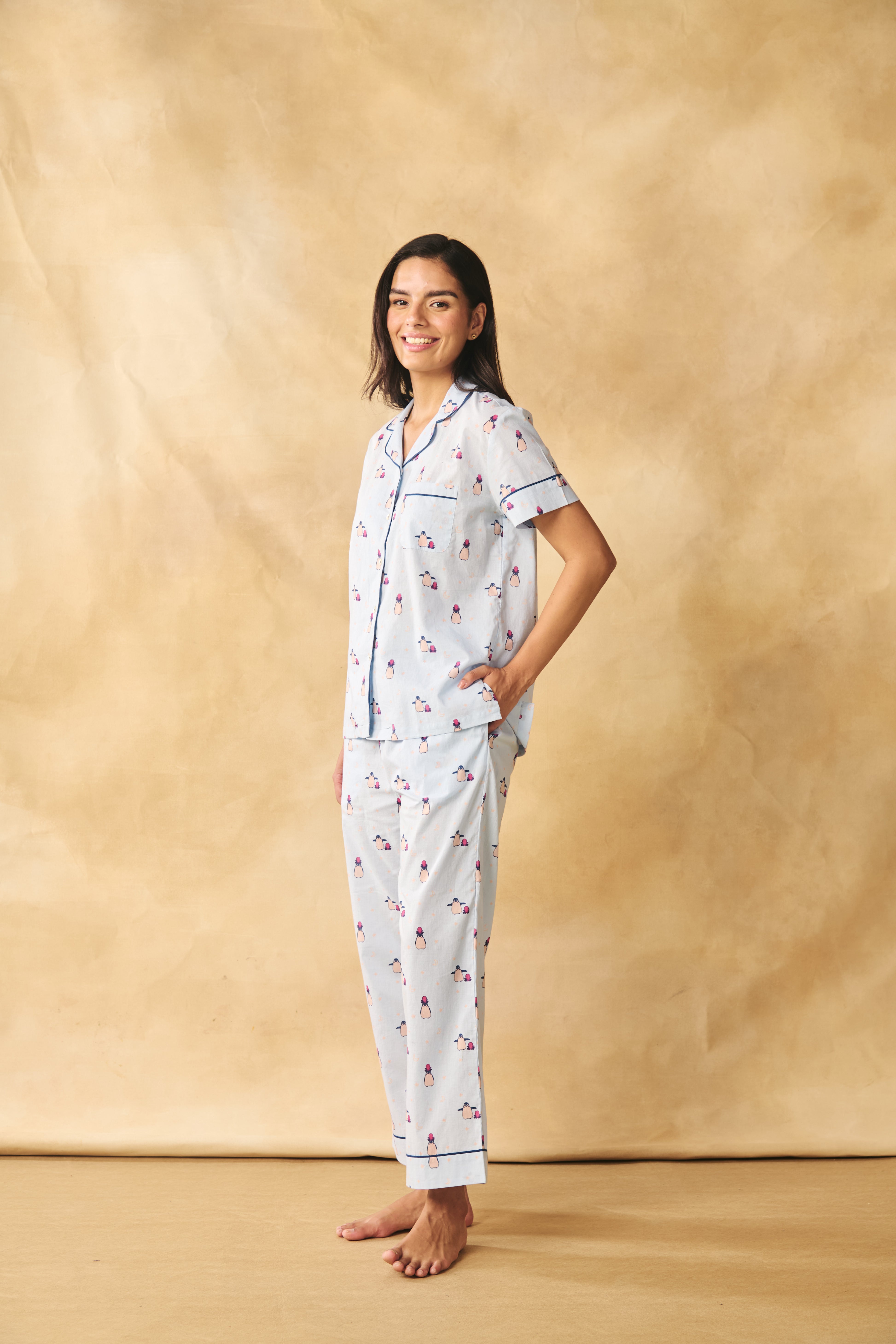 Penguin Print Cotton Night Suit Set-Blue