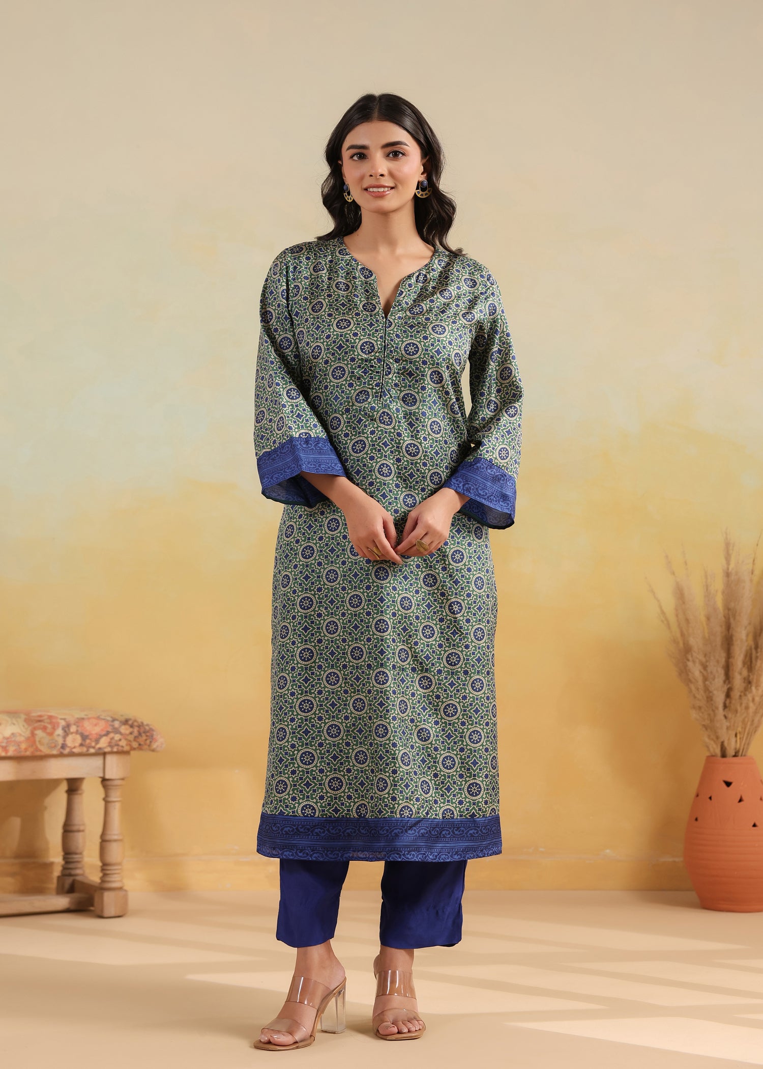 Printed Silk Kurta- Blue/Green