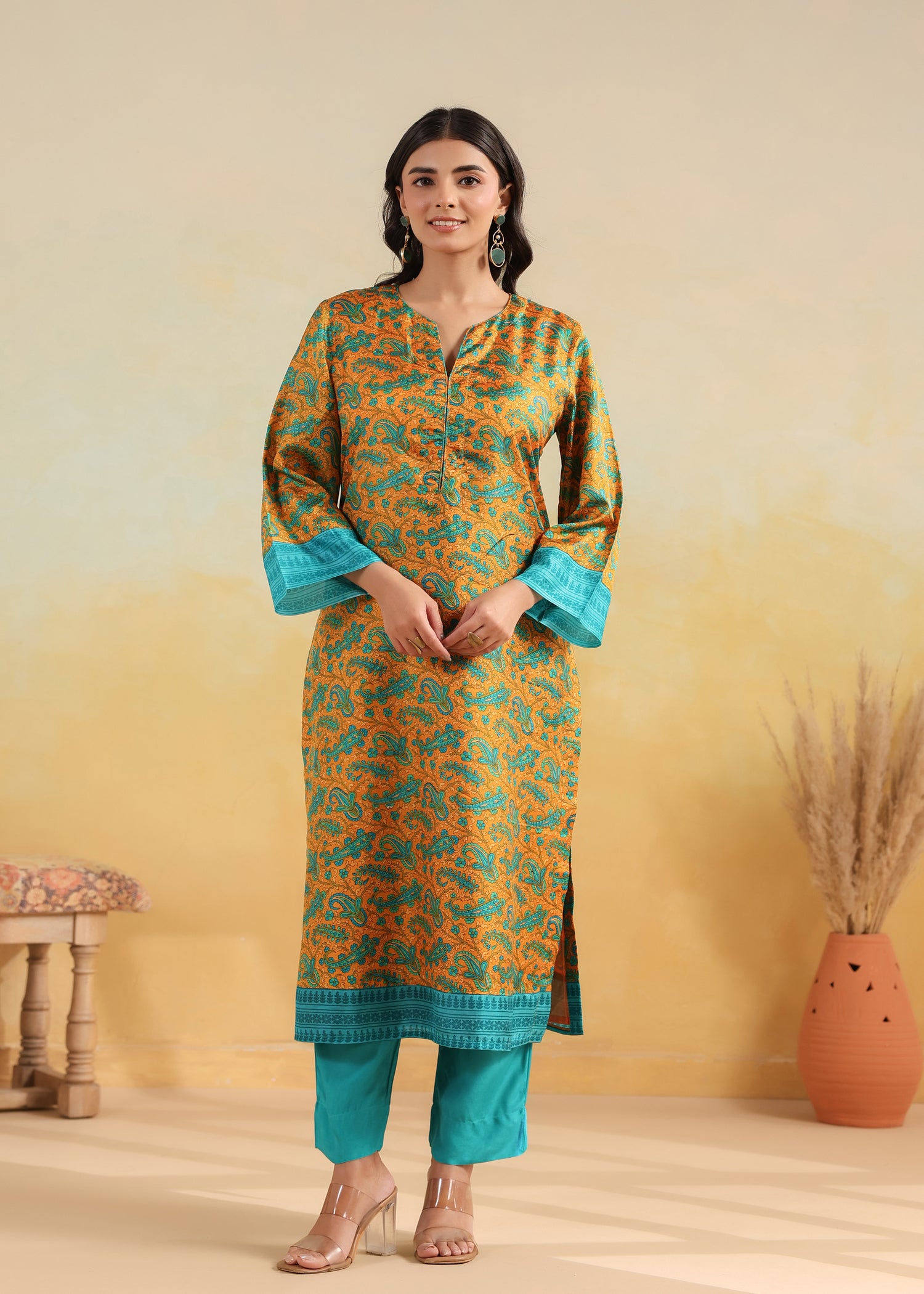 Printed Silk Kurta- Orange/Turquoise
