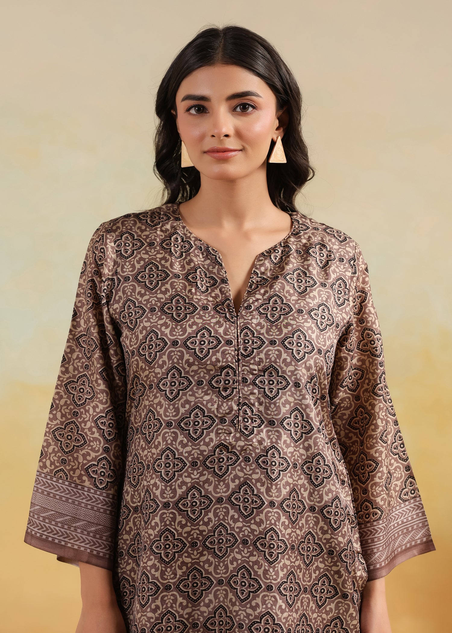 Printed Silk Kurta- Brown