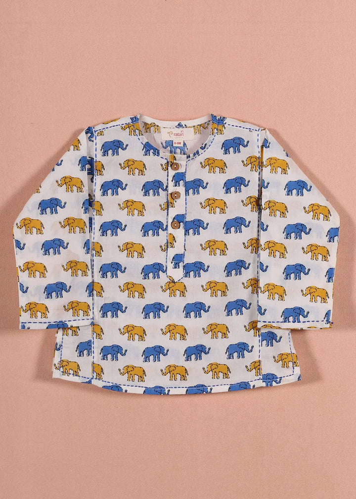 Hathi Blue/ Mustard Cotton Inide Baby Kurta Boys (6-24 Monhs)