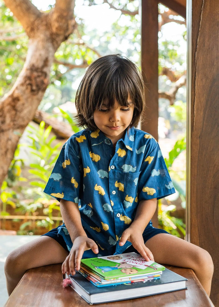 Rihno Navy Blue Cotton Half Sleeves Shirt (2-12 Years)
