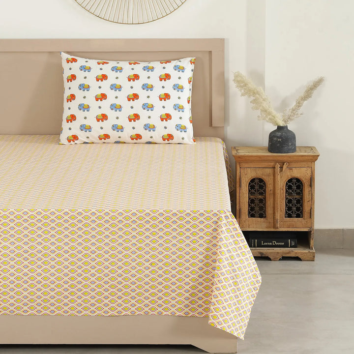 Bholu Hathi Blue/Orange Cotton Single Bedsheet with Pillow Cover Kids