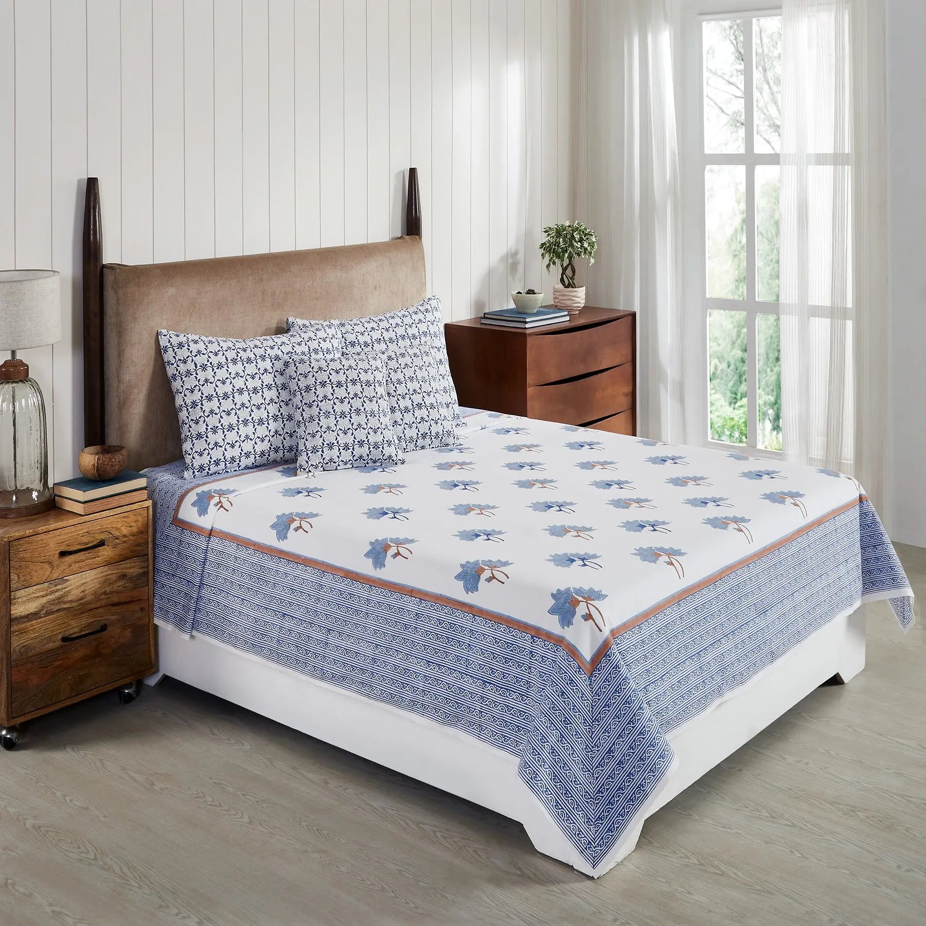 Peonia Blue Hand Block Printed Cotton Bedcover