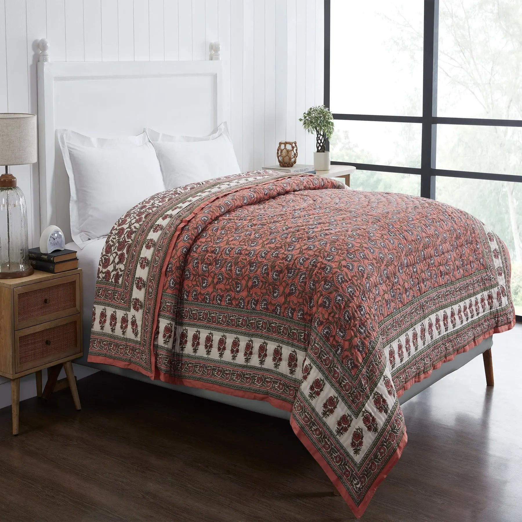Grey & Brown Hand Screen Print Extra Cotton Quilt