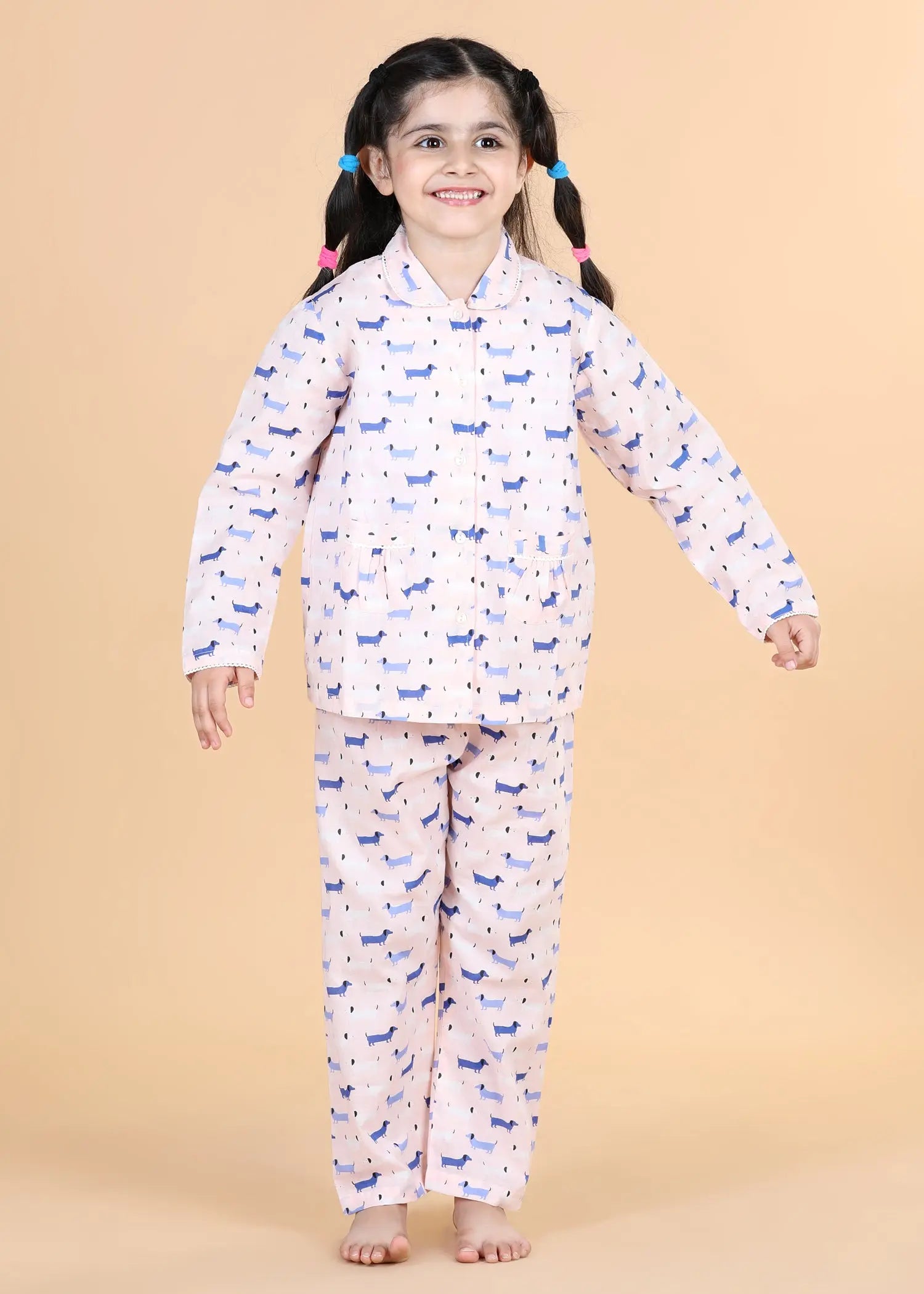 Dachshund Pink Full Sleeves Cotton Nighsuit Girl (1-12 Years)