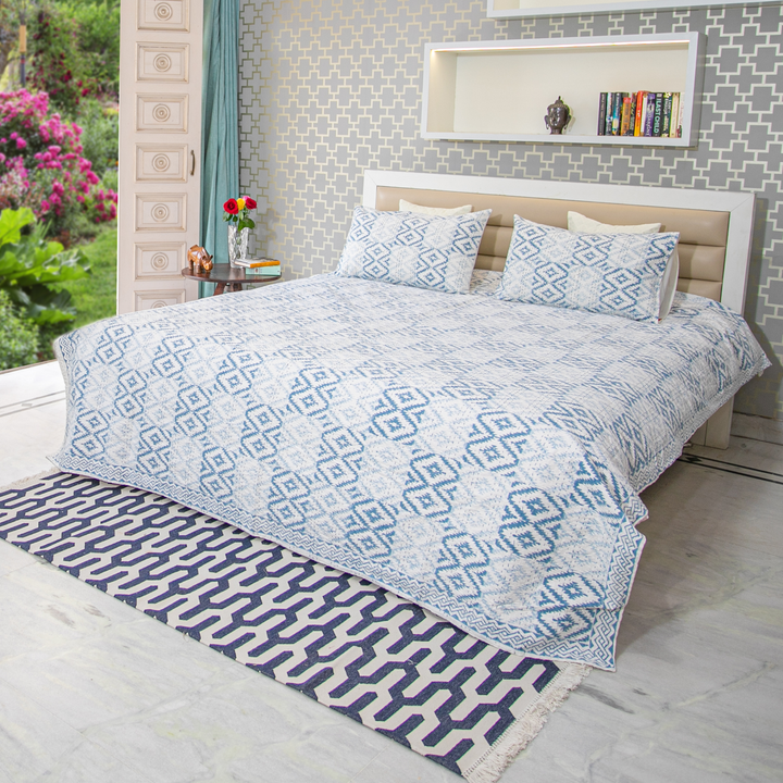 Blue Color Hand Block Printed Katha Bedcover with 2 Pillow Covers