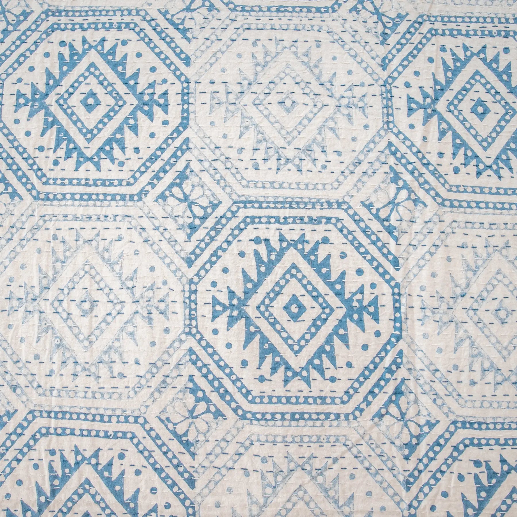 Blue Color Hand Block Printed Katha Bedcover with 2 Pillow Covers