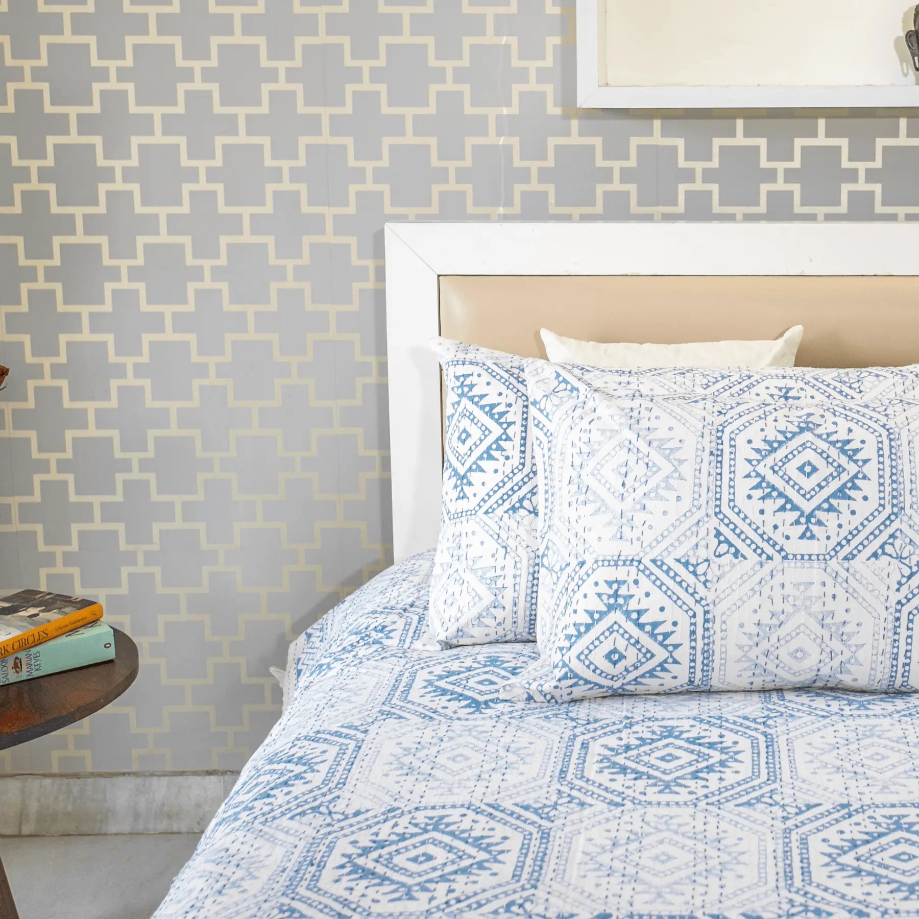 Blue Color Hand Block Printed Katha Bedcover with 2 Pillow Covers