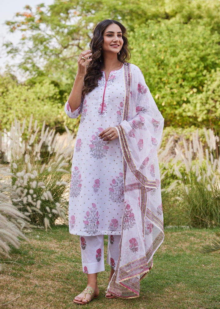 White & Pink Straight Kota Doria Suit Set