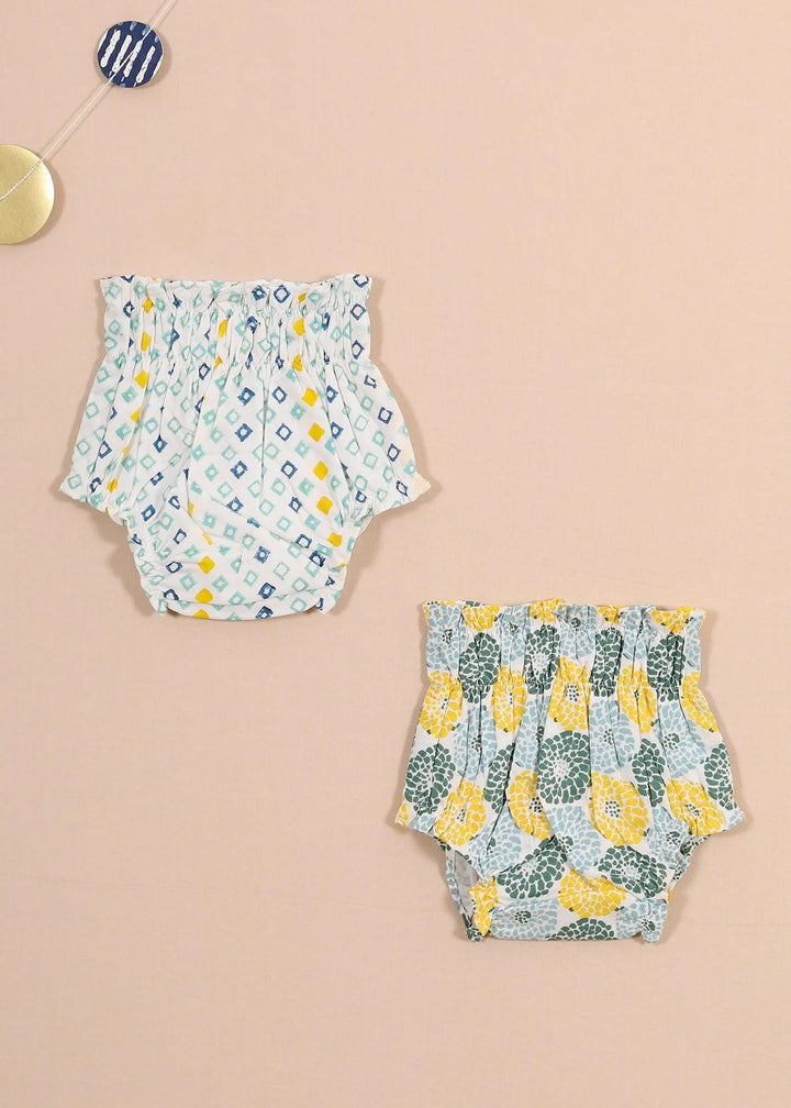 Floral/Diamond Blue Cotton Bloomers Set Of 2 (0-24 Months)